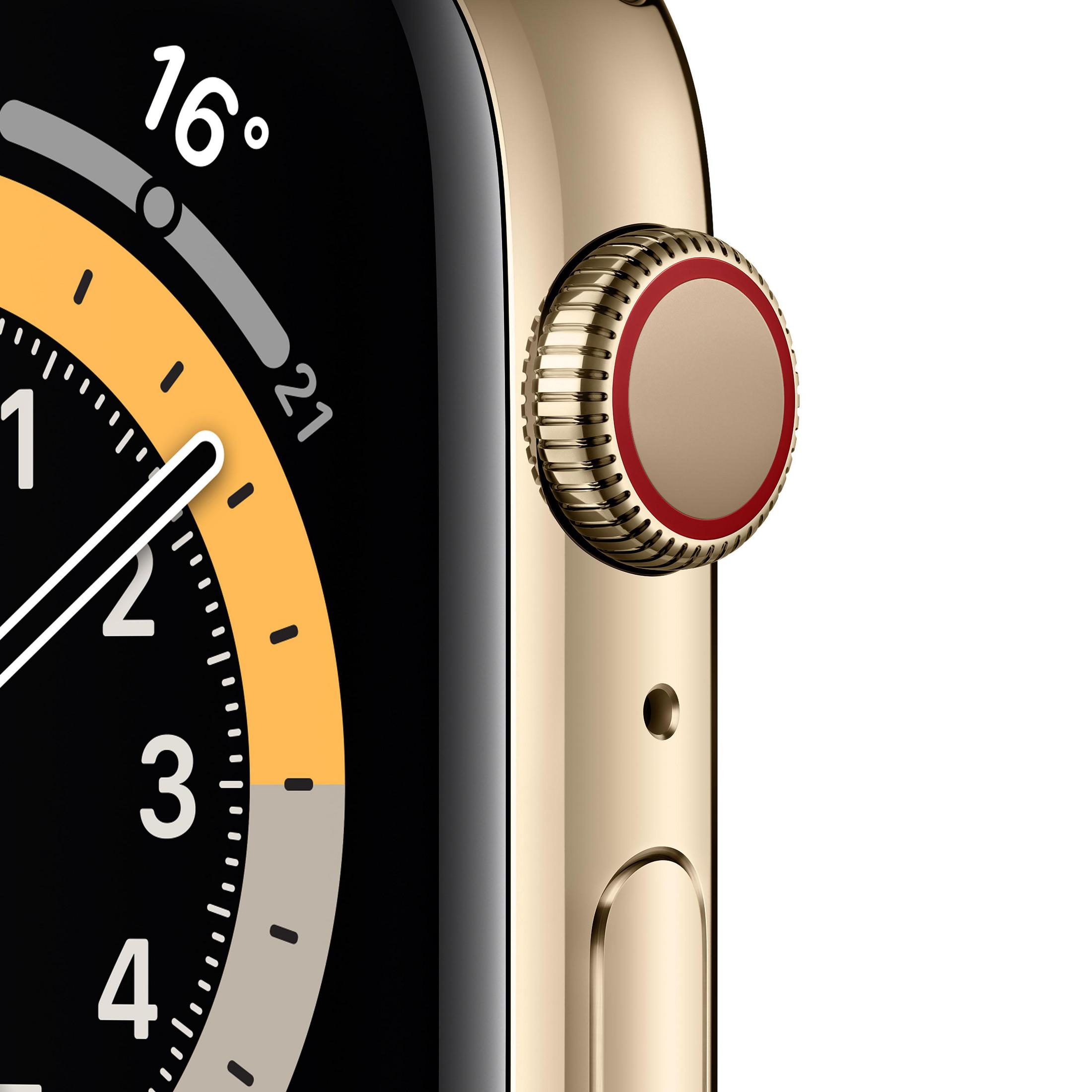 Nahaufnahme einer goldenen Apple Watch. Die digitale Krone ist rot.