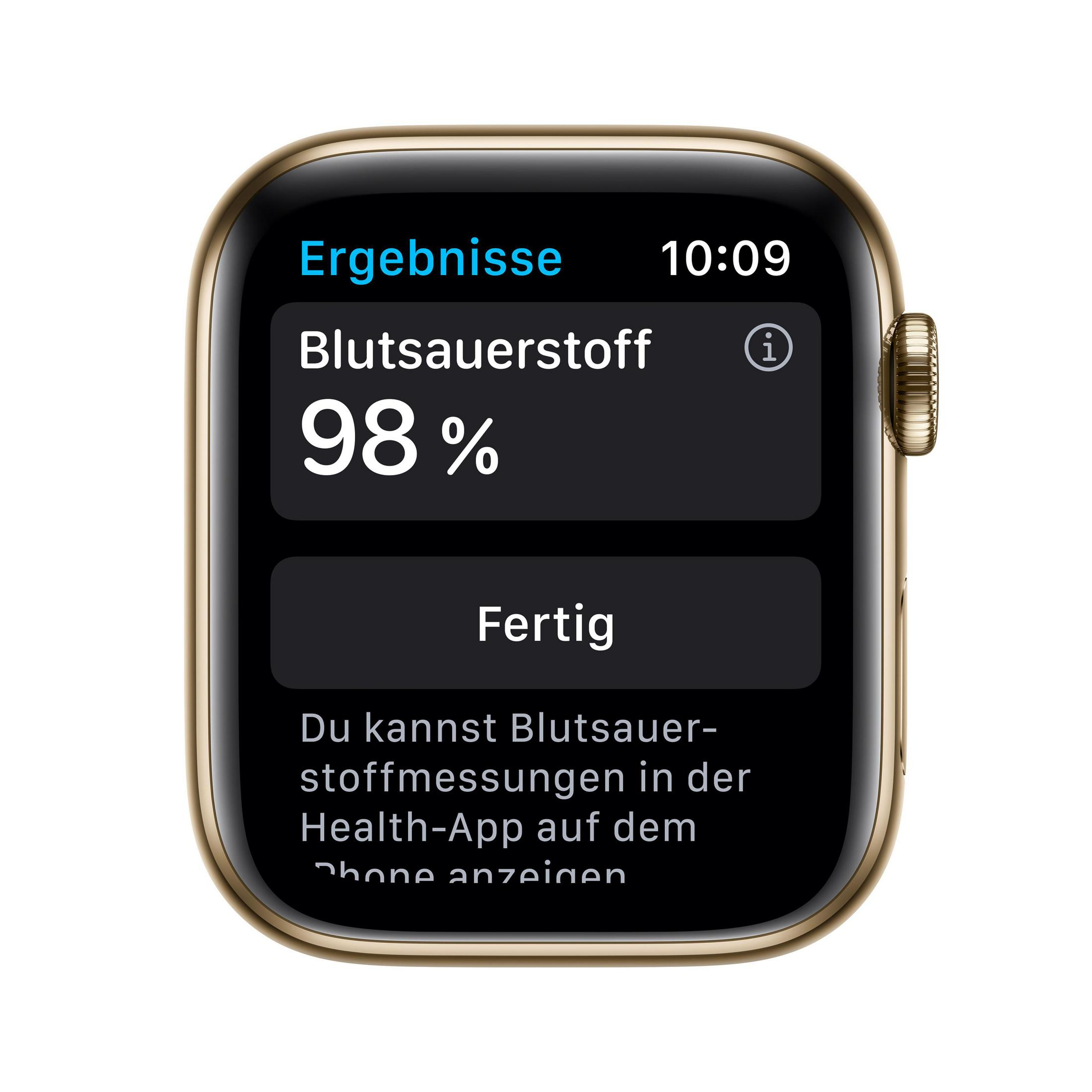 Ein Smartwatch-Bildschirm zeigt den Blutsauerstoffgehalt mit 98% und die Schaltfläche 'Fertig'.