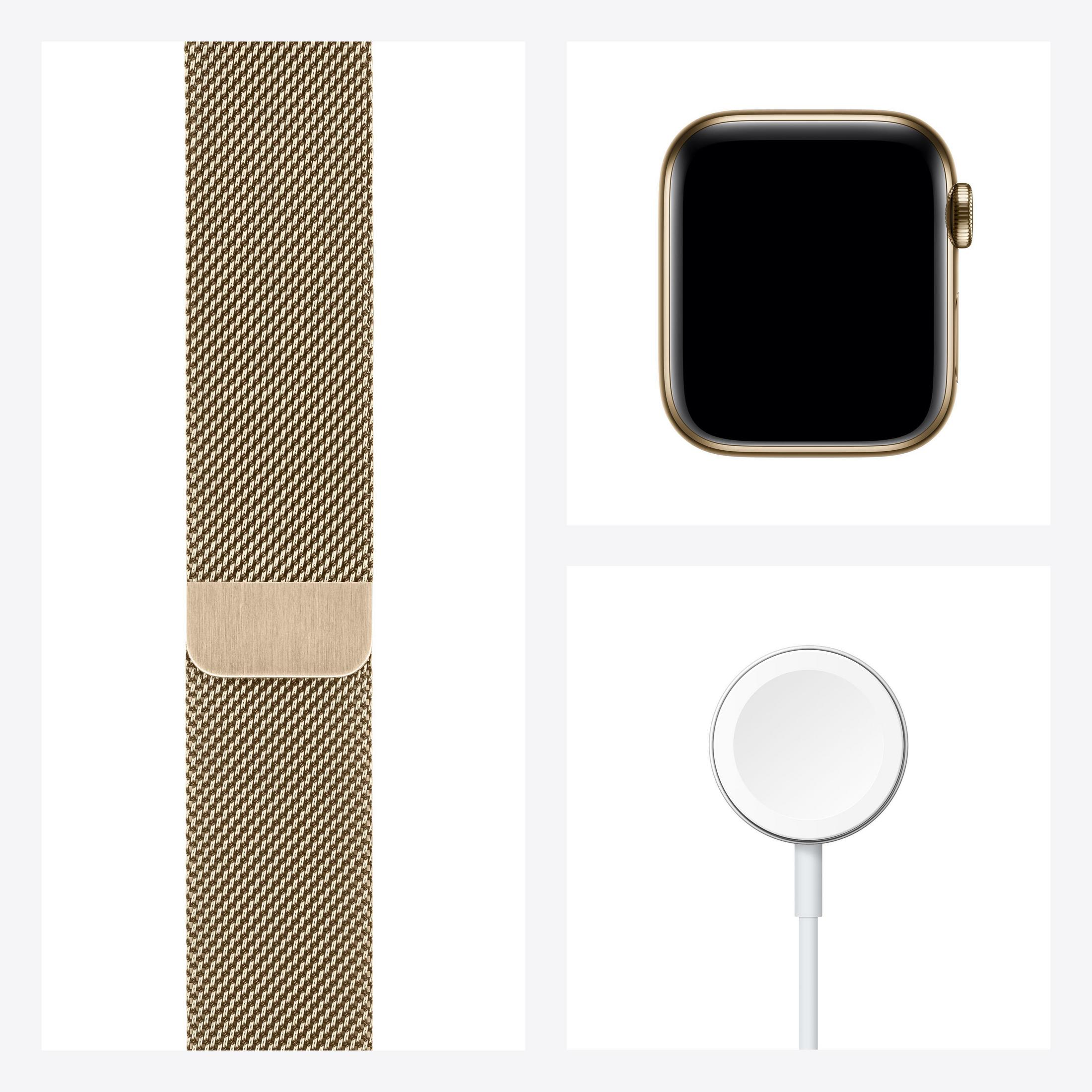 Apple Watch mit goldenem Armband, Zifferblatt und Ladestation.