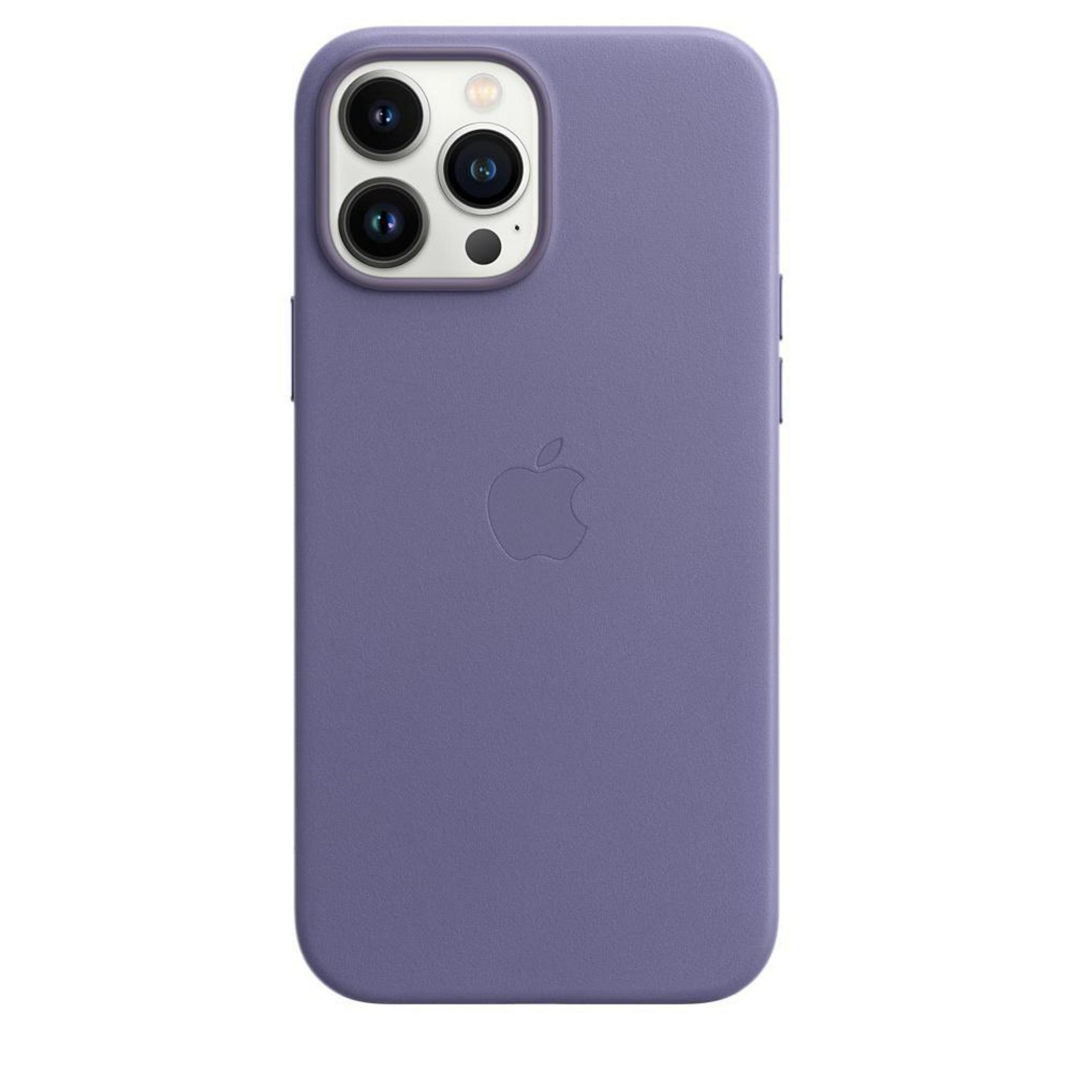 A purple iPhone case with the Apple logo is shown. The background is a plain surface.