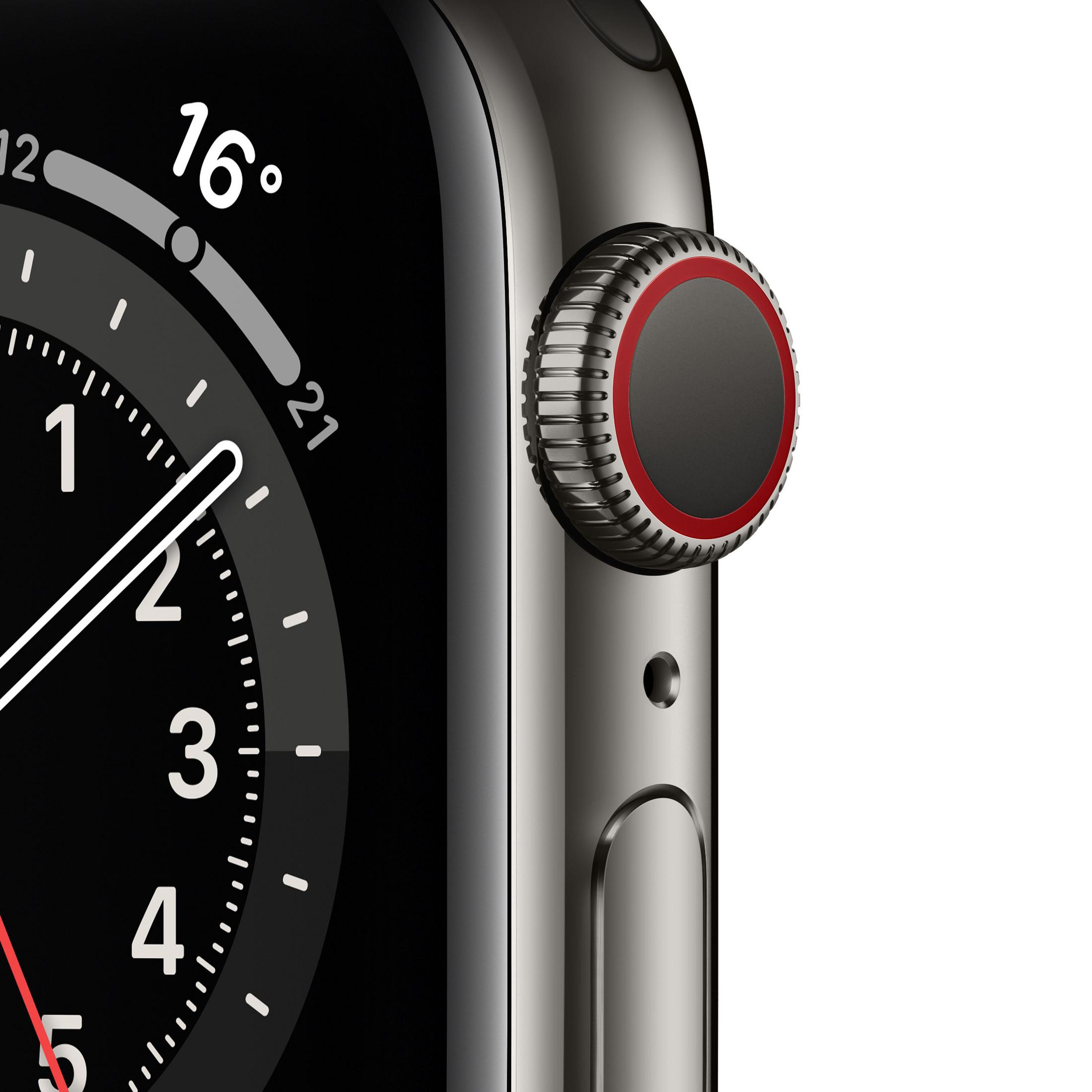 Nahaufnahme der Apple Watch, die digitale Krone und Seitentaste zeigt. Space Grau Farbe.