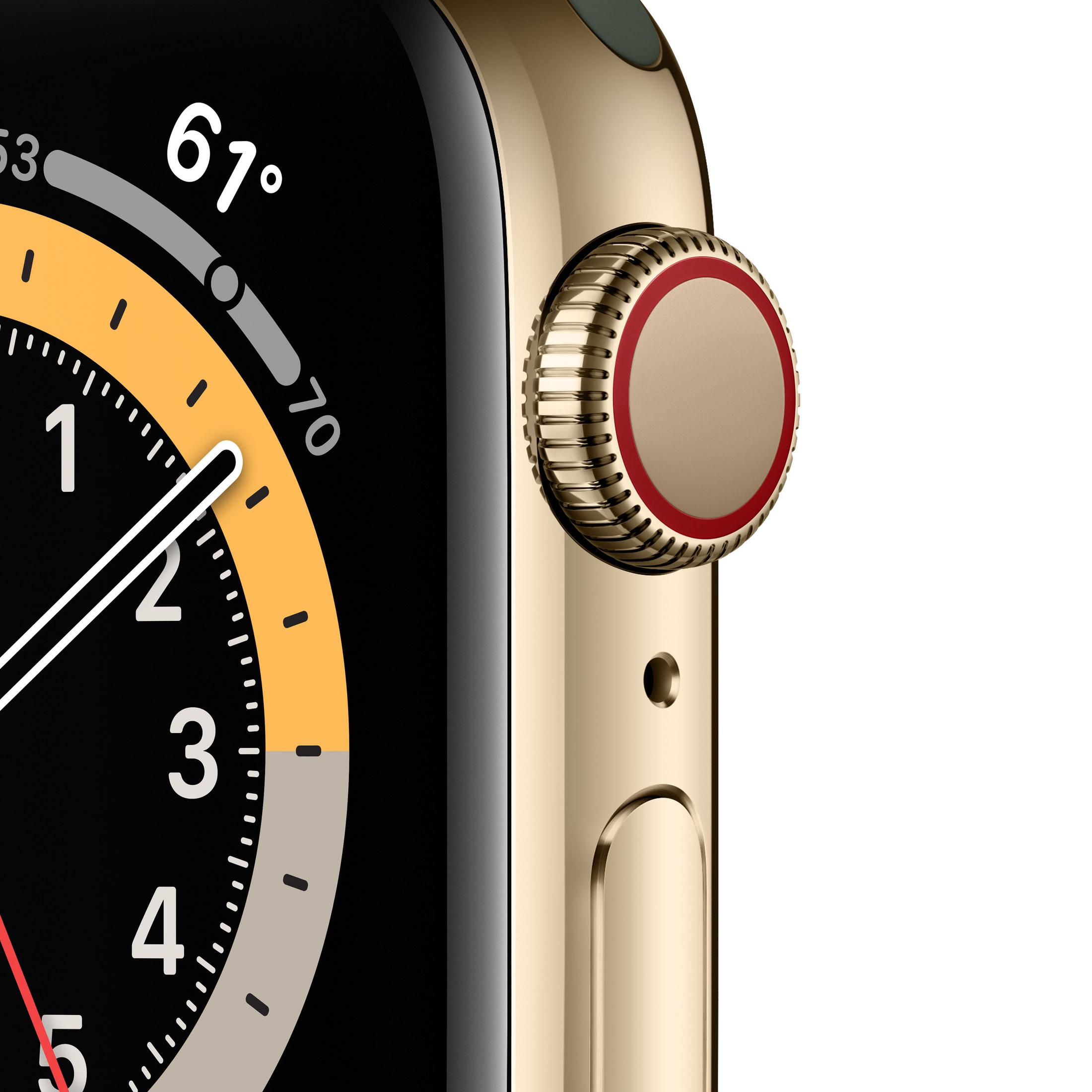 Nahaufnahme einer goldenen Apple Watch, die Zeit und Temperatur anzeigt. Rote digitale Krone.