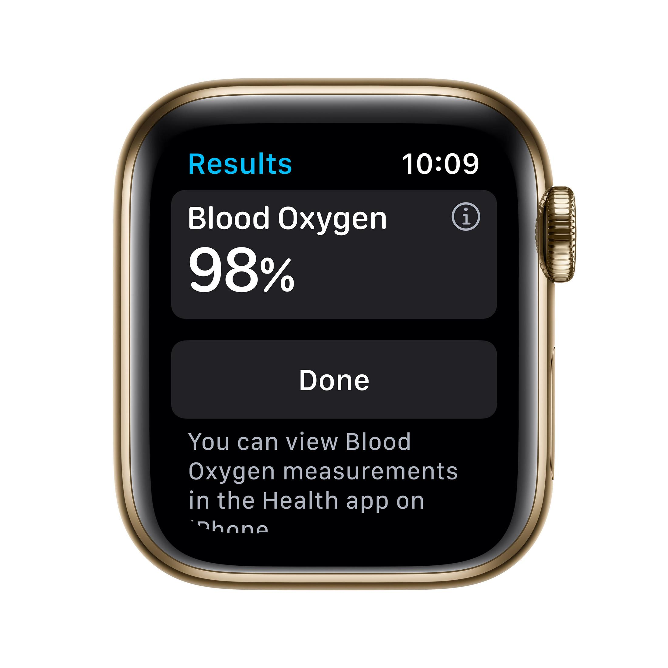 Goldene Apple Watch, die Blutsauerstoffergebnisse anzeigt, 98 %. Der Hintergrund ist schwarz.