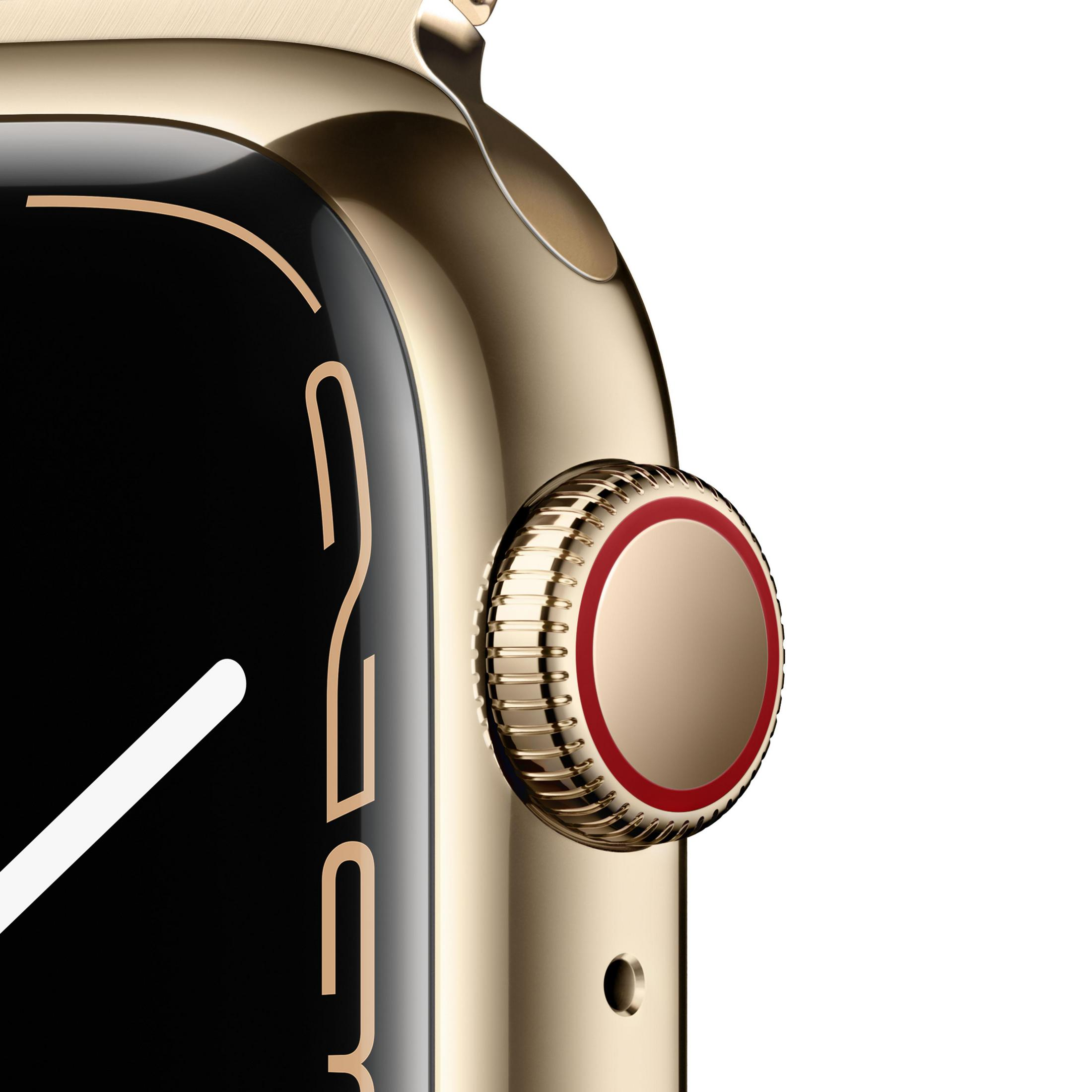 Goldene Apple Watch. Die Krone hat einen roten Ring.