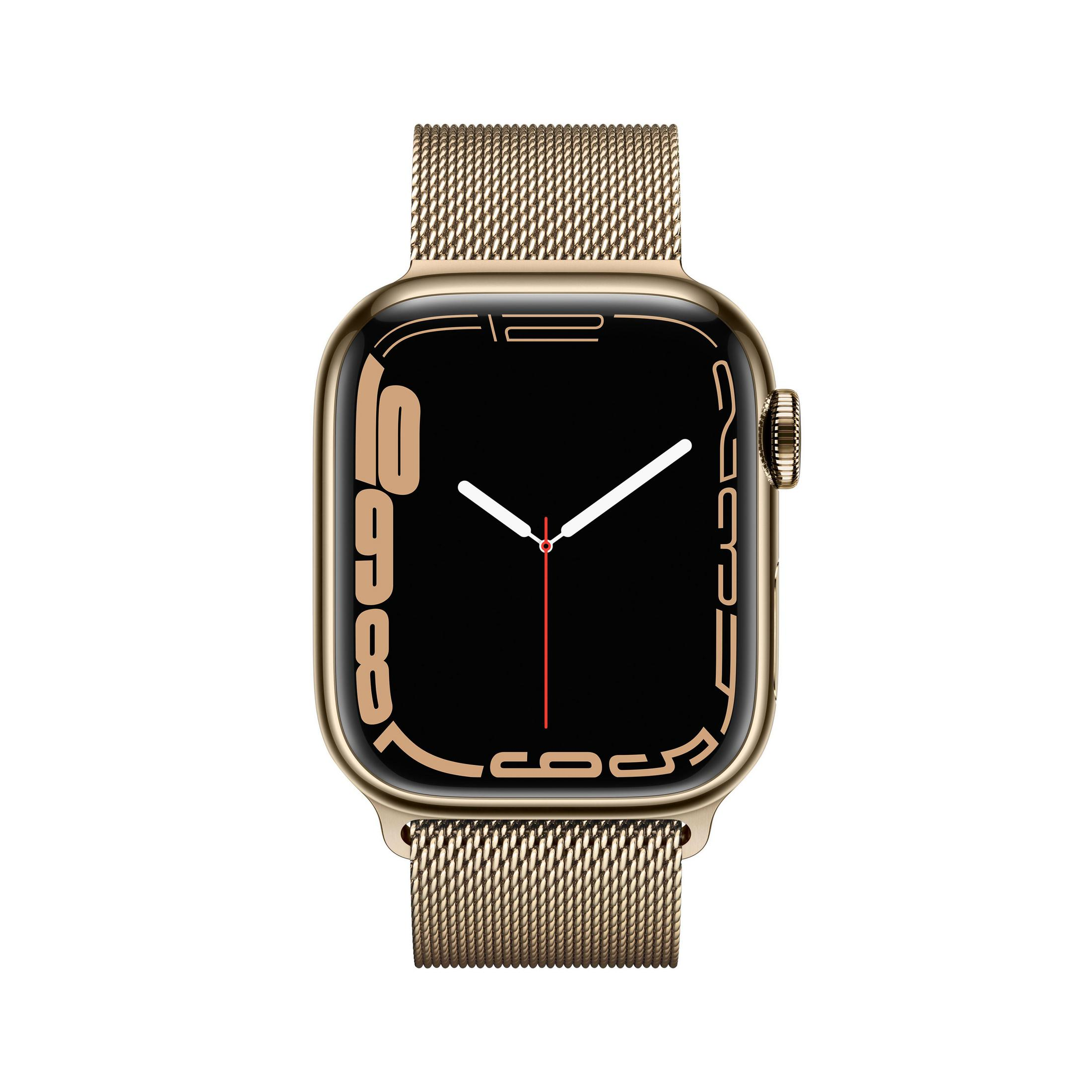 Goldene Apple Watch mit goldenem Mesh-Armband. Der Bildschirm ist schwarz, und die Zeiger zeigen die Uhrzeit.