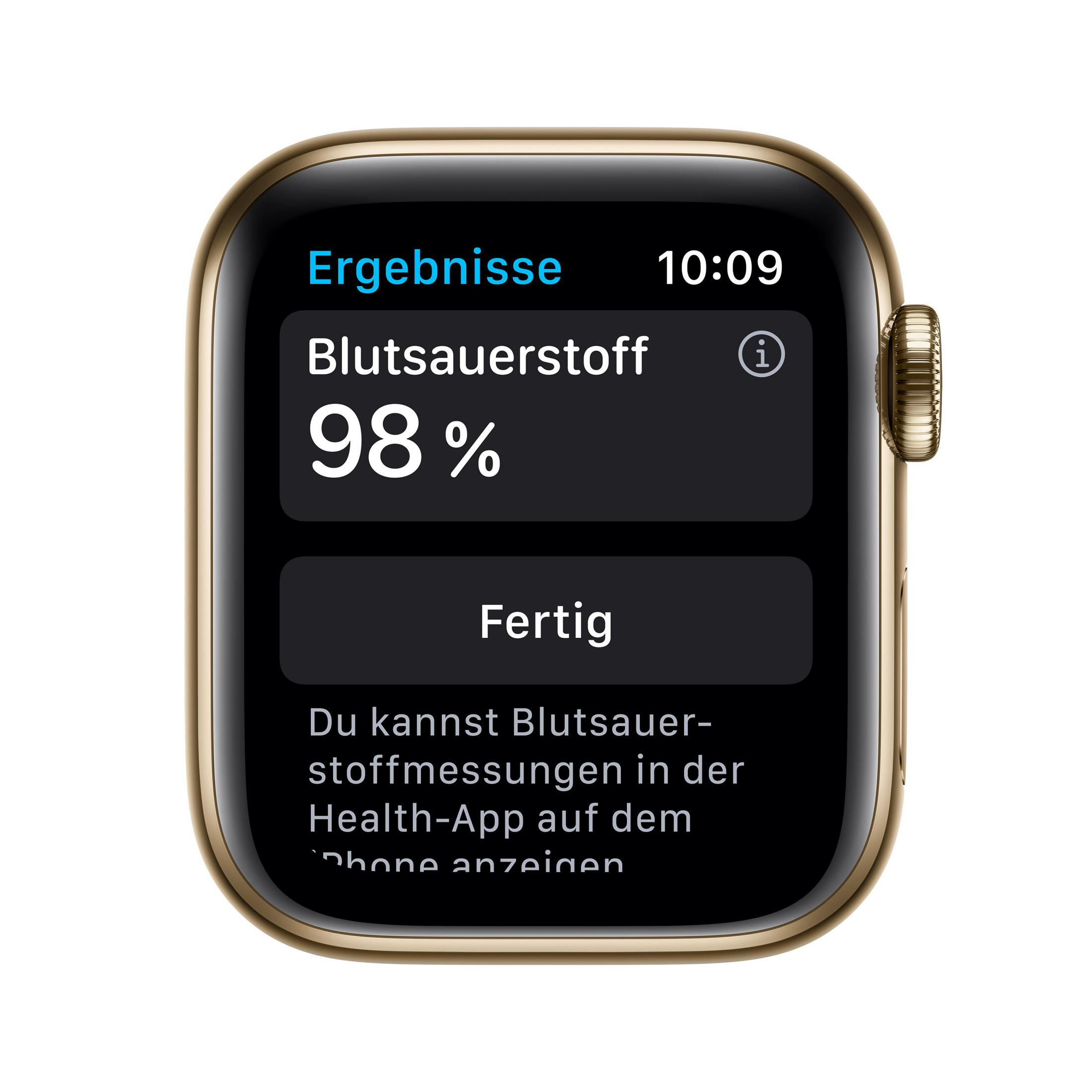 Eine Apple Watch zeigt den Blutsauerstoffgehalt (98%) auf einem schwarzen Bildschirm mit goldenem Gehäuse.