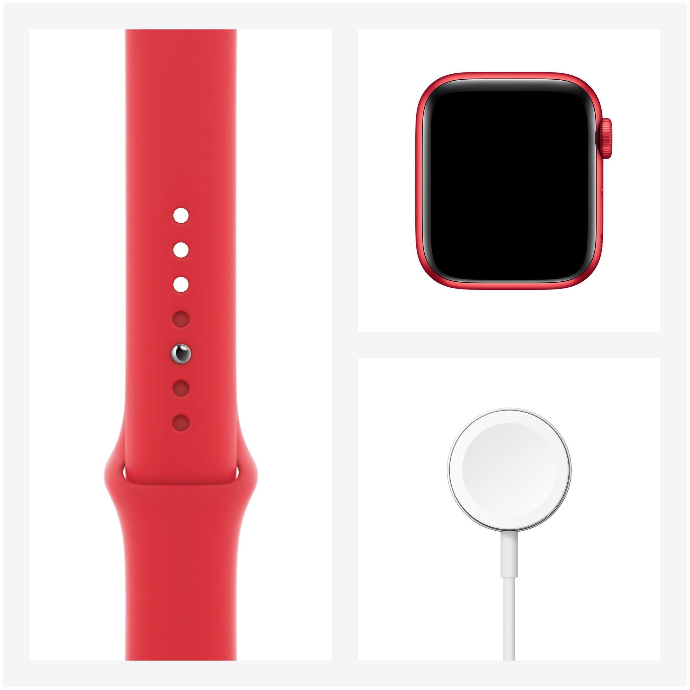 Rotes Apple Watch-Armband, Uhr und Ladegerät auf weißem Hintergrund.