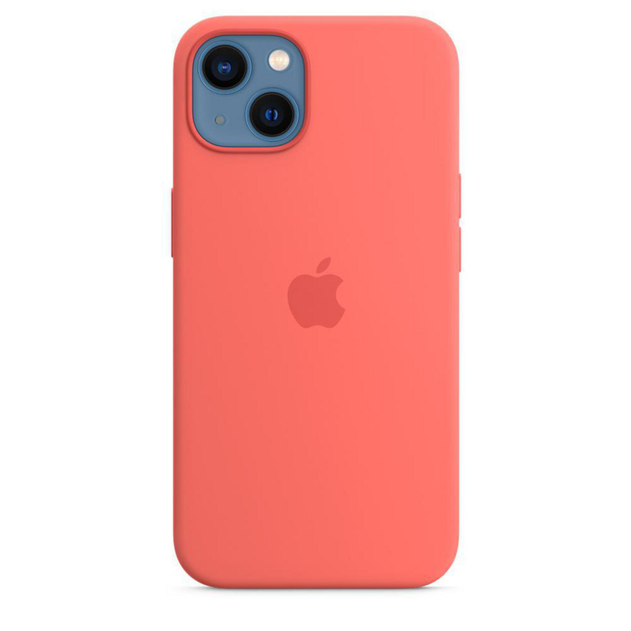 Korallenfarbene Handyhülle mit Apple-Logo, Rückansicht.