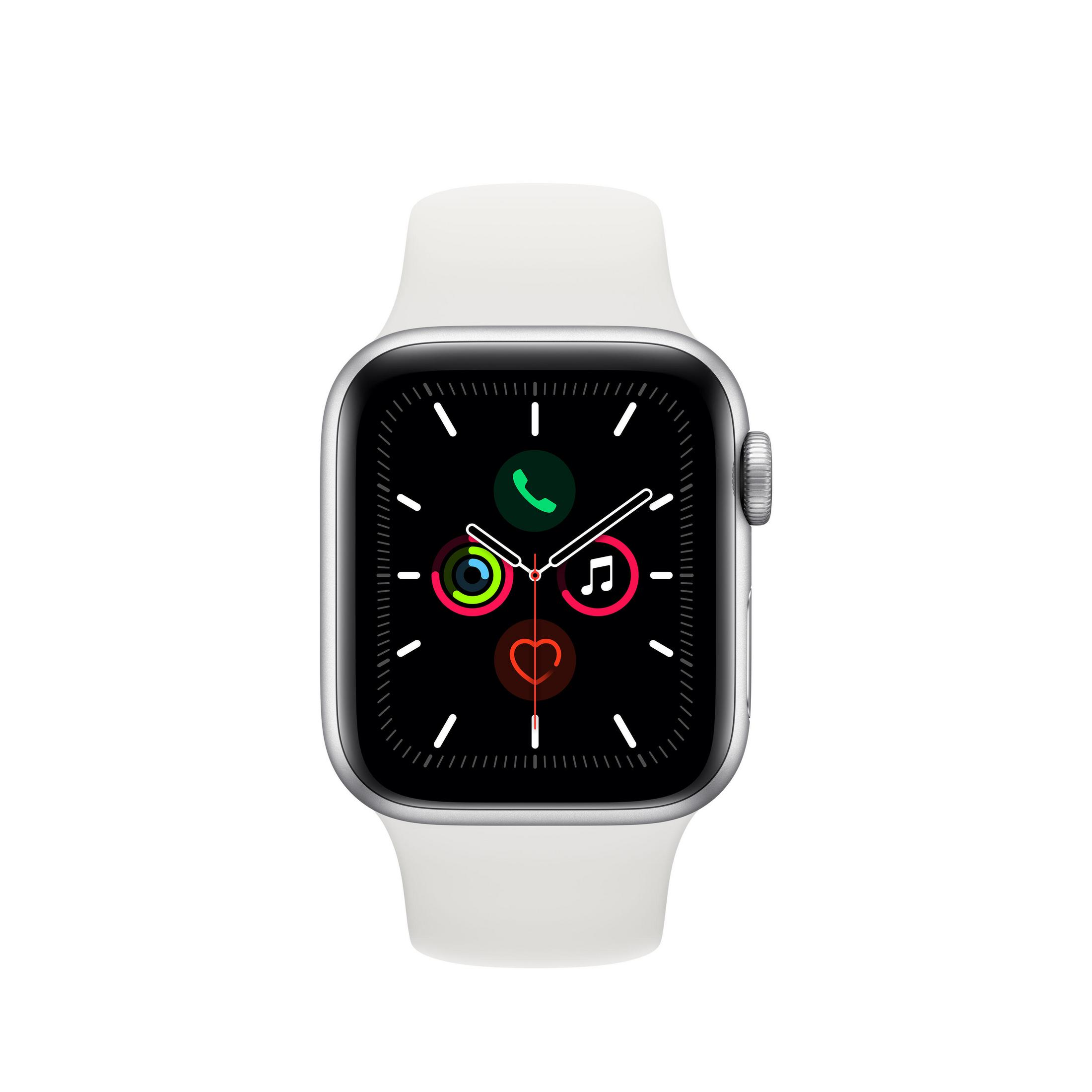 Silberne Smartwatch mit weißem Armband. Das Display zeigt verschiedene App-Symbole.