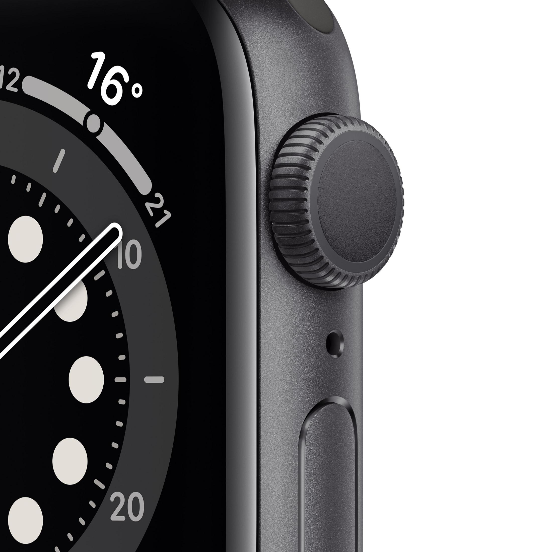 Nahaufnahme des Zifferblatts und der Seitentaste einer Apple Watch; schwarz und grau.