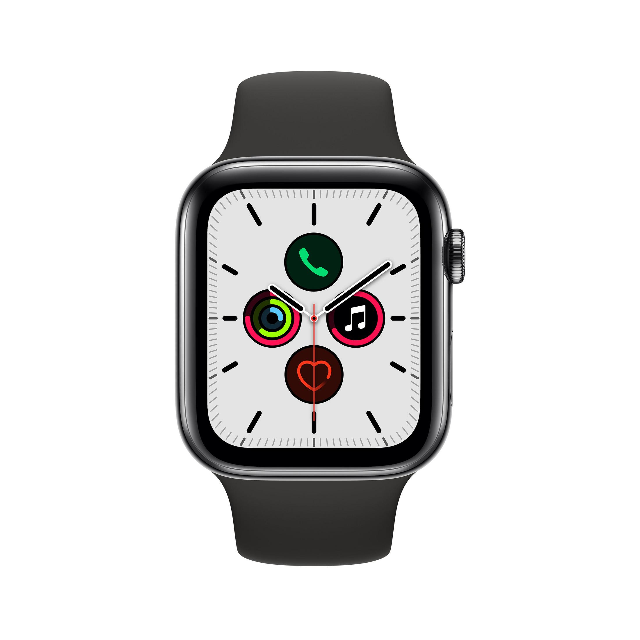 Apple Watch mit schwarzem Armband und weißem Zifferblatt mit Symbolen und Uhrzeit.