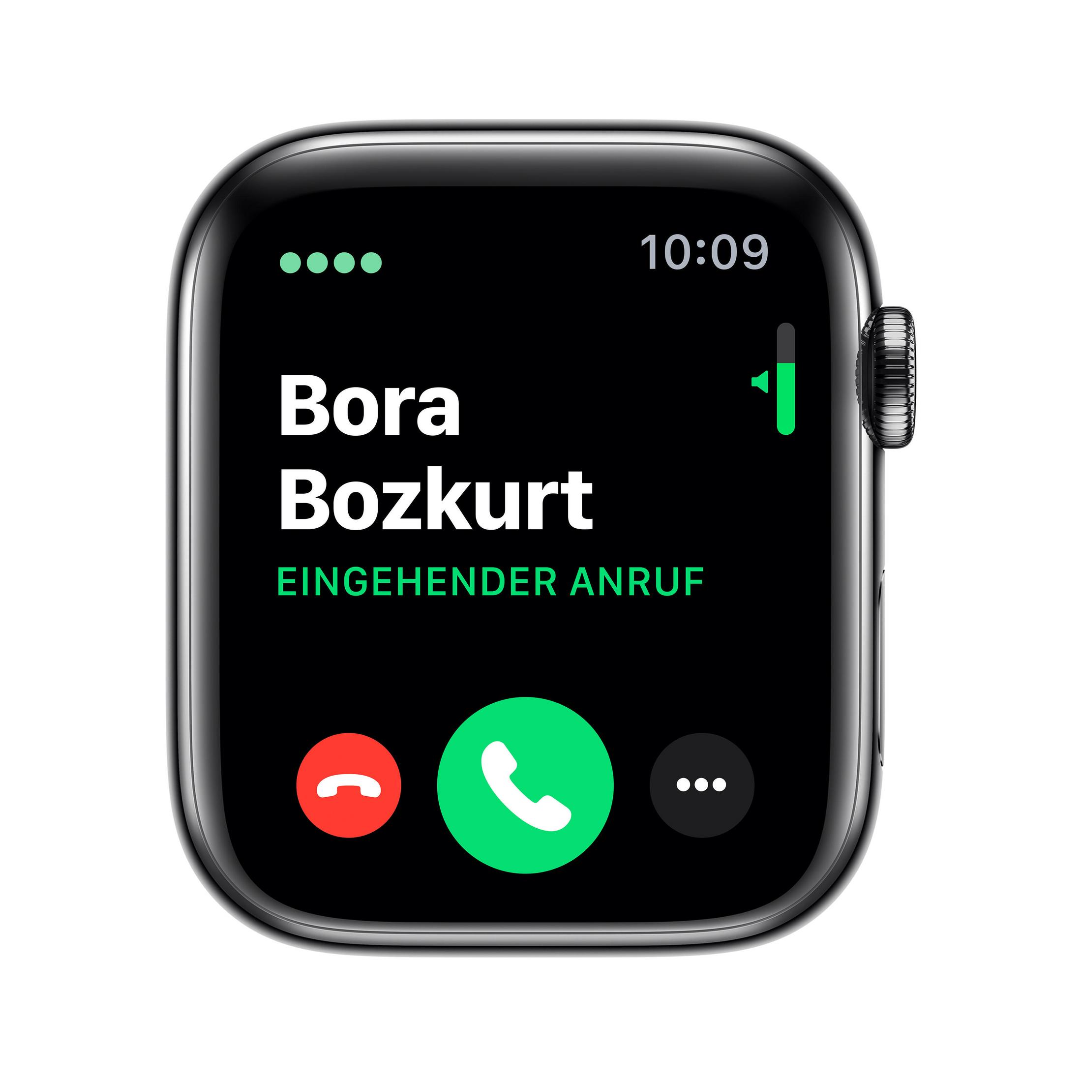 Eine schwarze Smartwatch zeigt einen eingehenden Anruf von Bora Bozkurt an, mit roten und grünen Anrufsteuerungstasten.