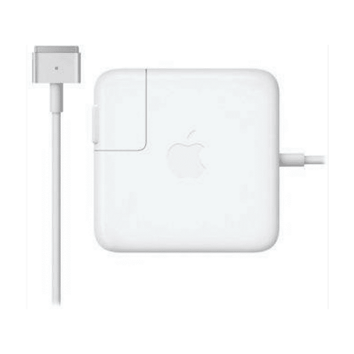Adattatore di alimentazione e cavo Apple bianchi. L'adattatore è quadrato con il logo Apple. Cavo a sinistra.
