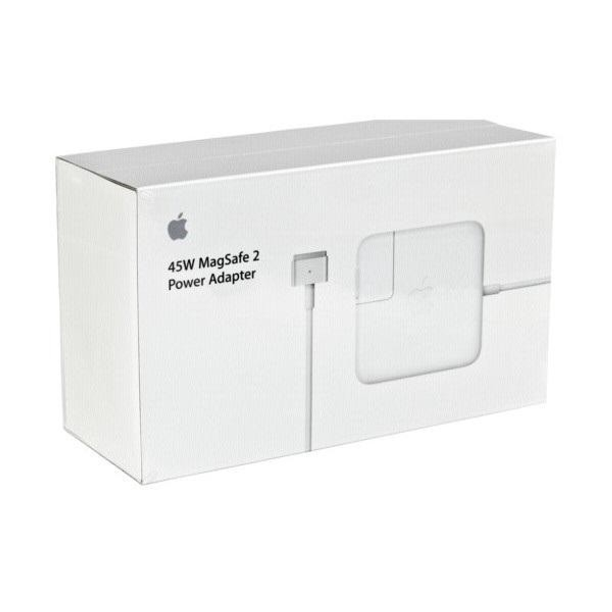 Scatola bianca dell'adattatore di alimentazione MagSafe 2 da 45 W di Apple con un ritaglio visibile che mostra l'adattatore.