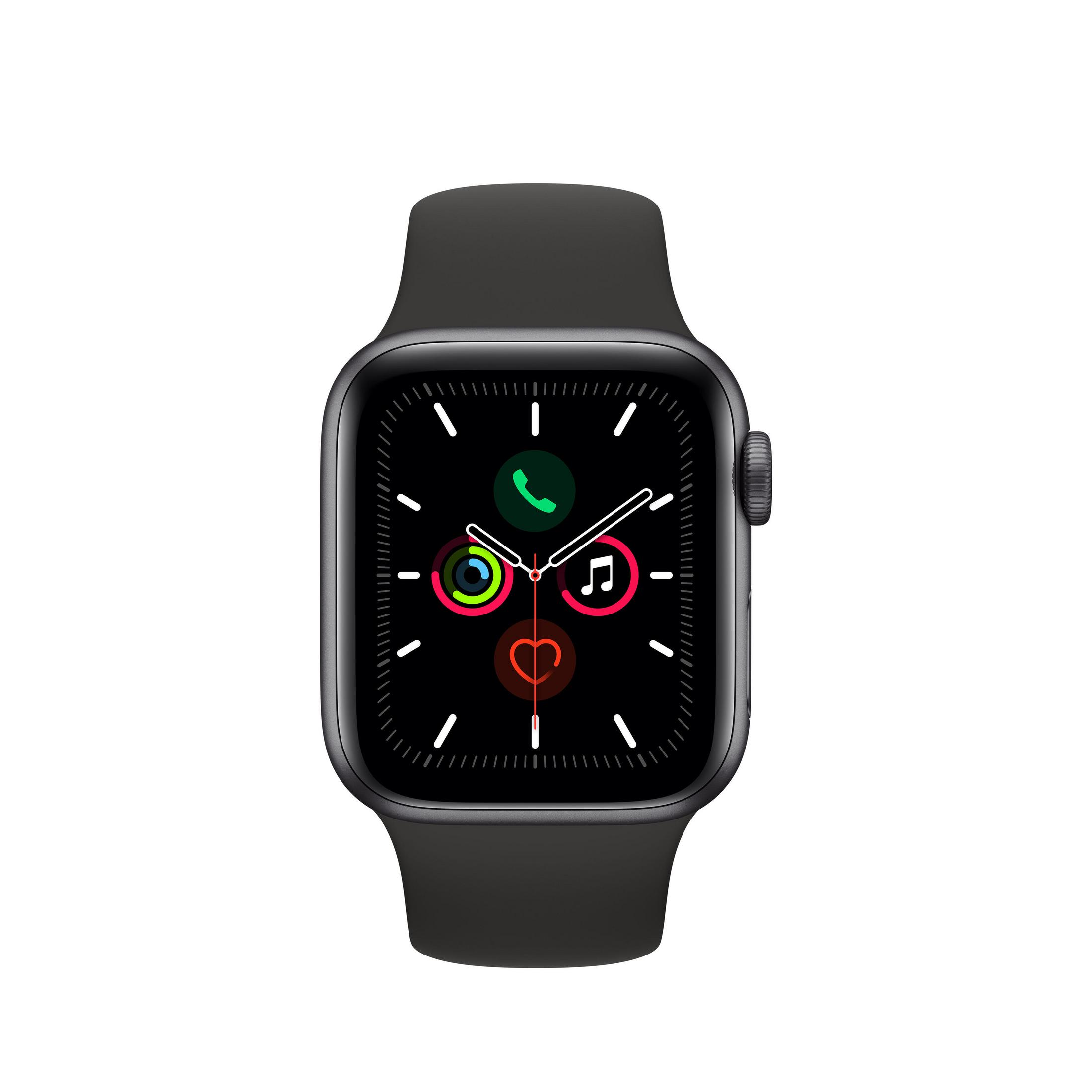 Eine schwarze Smartwatch mit schwarzem Armband, die Symbole für Anrufe, Musik und Herzfrequenz anzeigt.