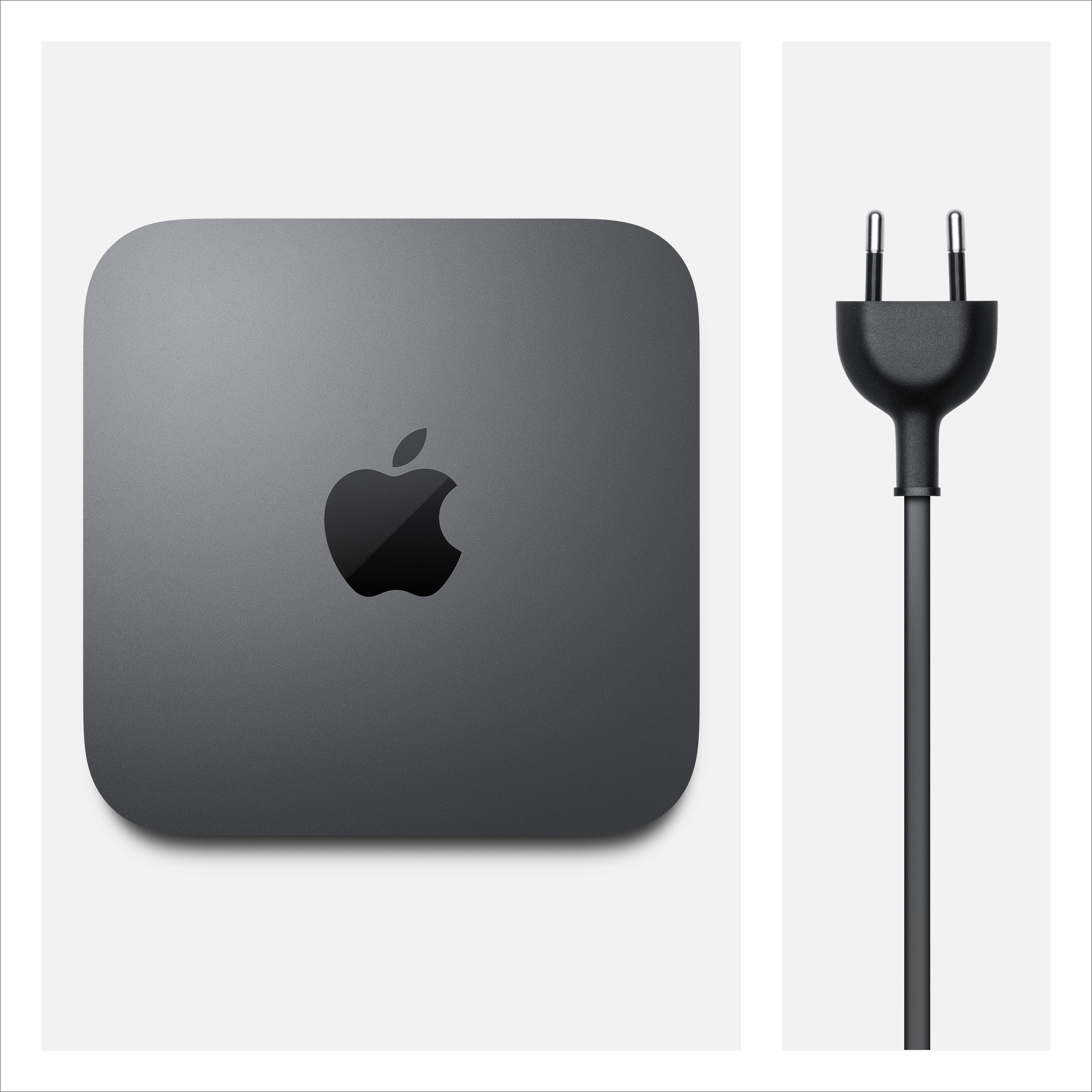 Dunkelgrauer Apple Mac Mini mit Apple-Logo und Netzkabel.