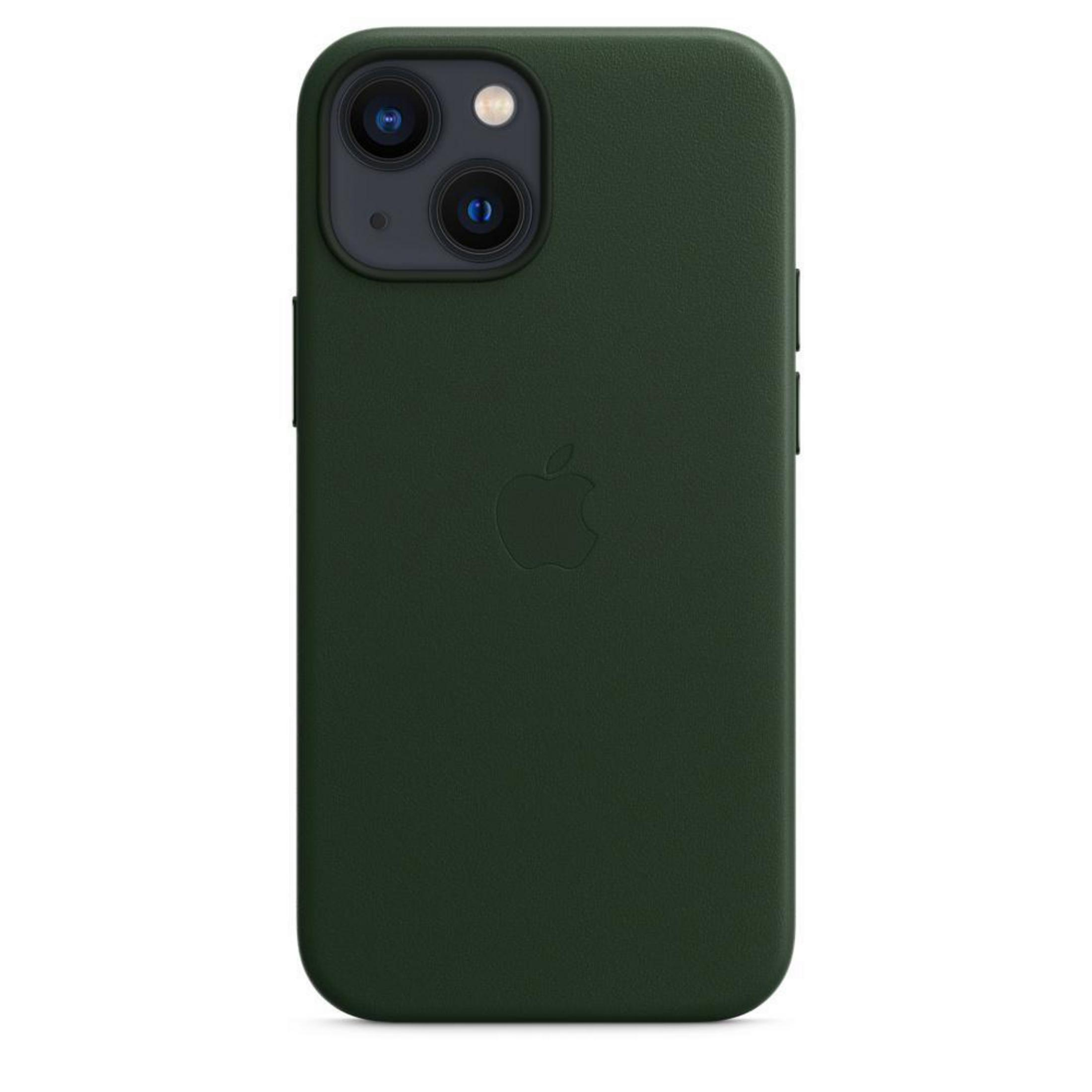 Coque de téléphone verte. Logo Apple. Deux caméras. Fond blanc.