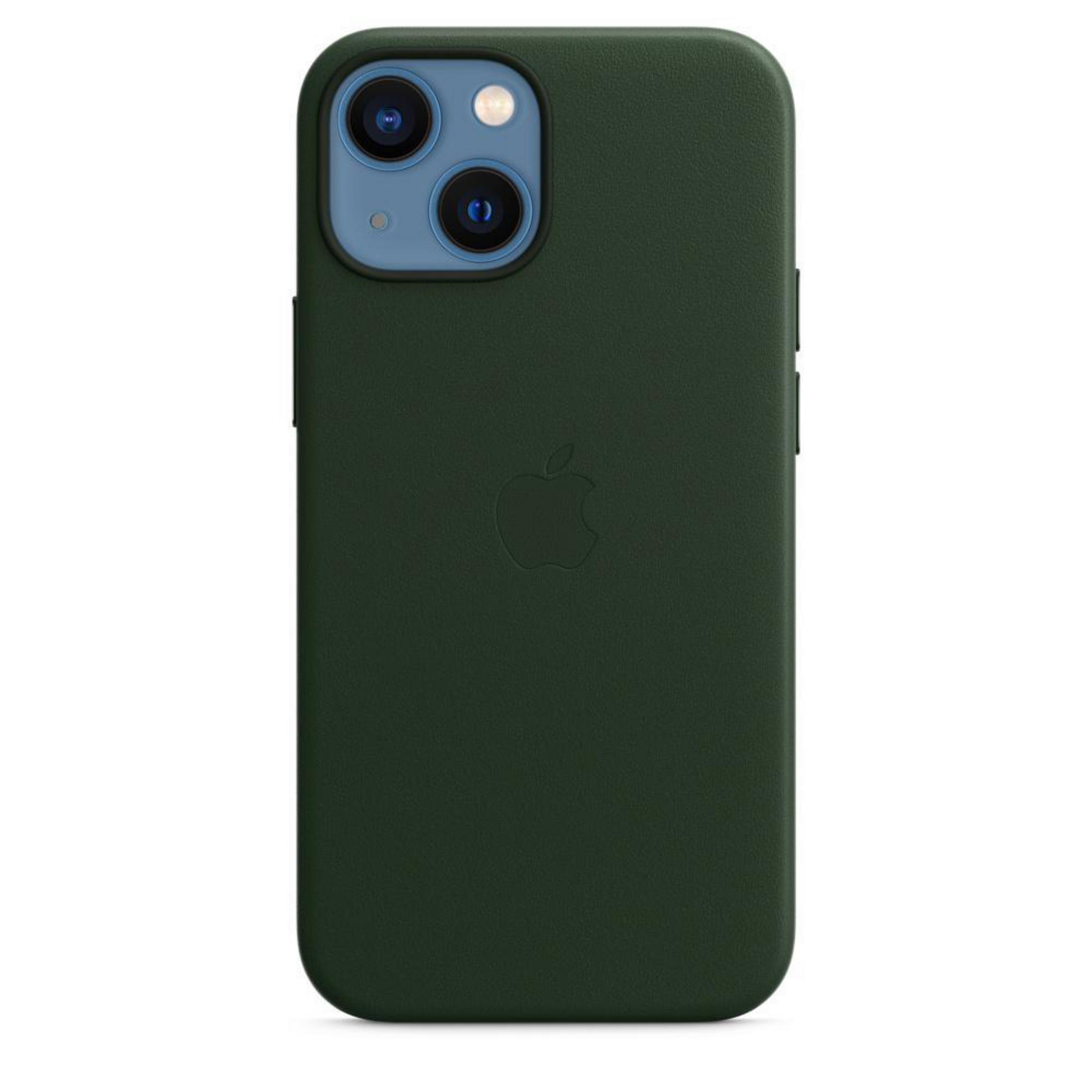 Coque d'iPhone verte avec logo Apple. Couleur vert foncé. Objectifs de l'appareil photo visibles. Design épuré.