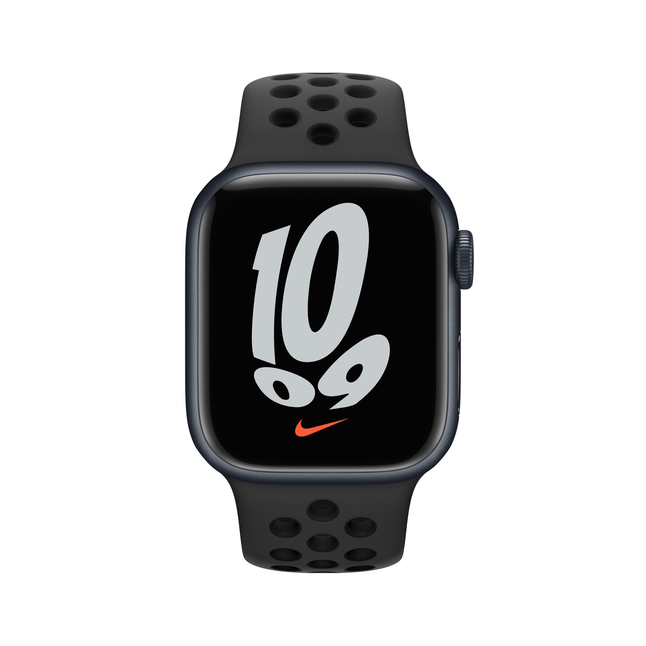 Schwarze Apple Watch mit schwarzem Nike-Armband. Uhr mit digitaler Anzeige, zeigt die Zeit.