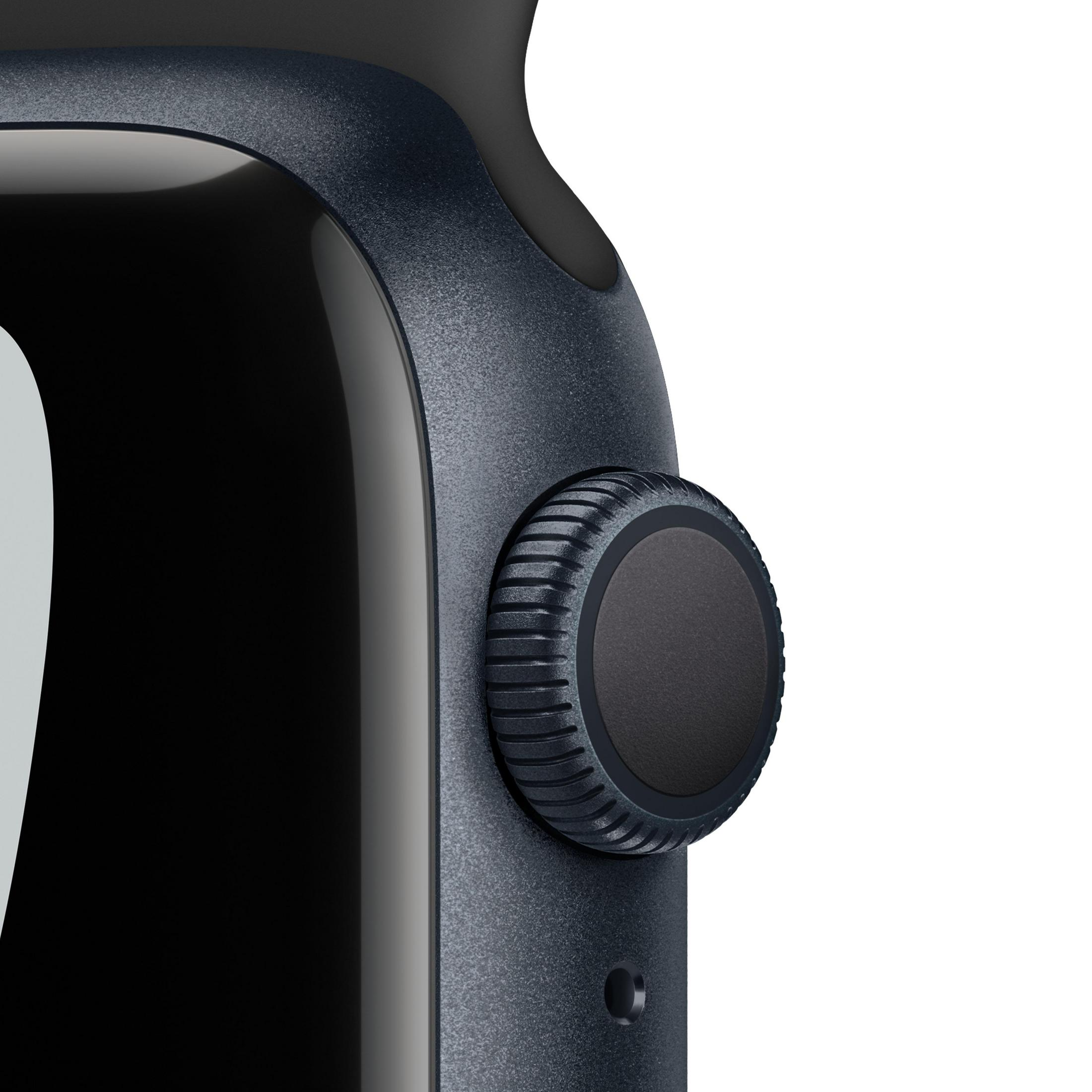 Nahaufnahme der Seite einer schwarzen Apple Watch mit sichtbarer digitaler Krone.