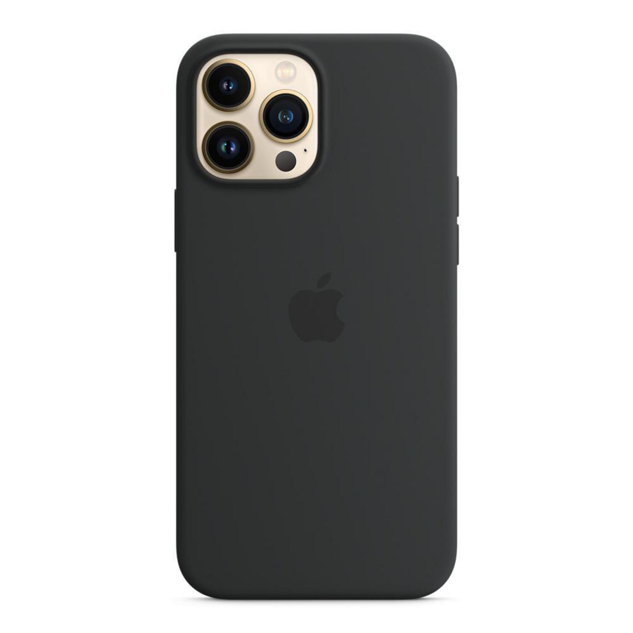 Zwarte iPhone-hoes met drie cameralenzen en het Apple-logo, op een witte achtergrond.