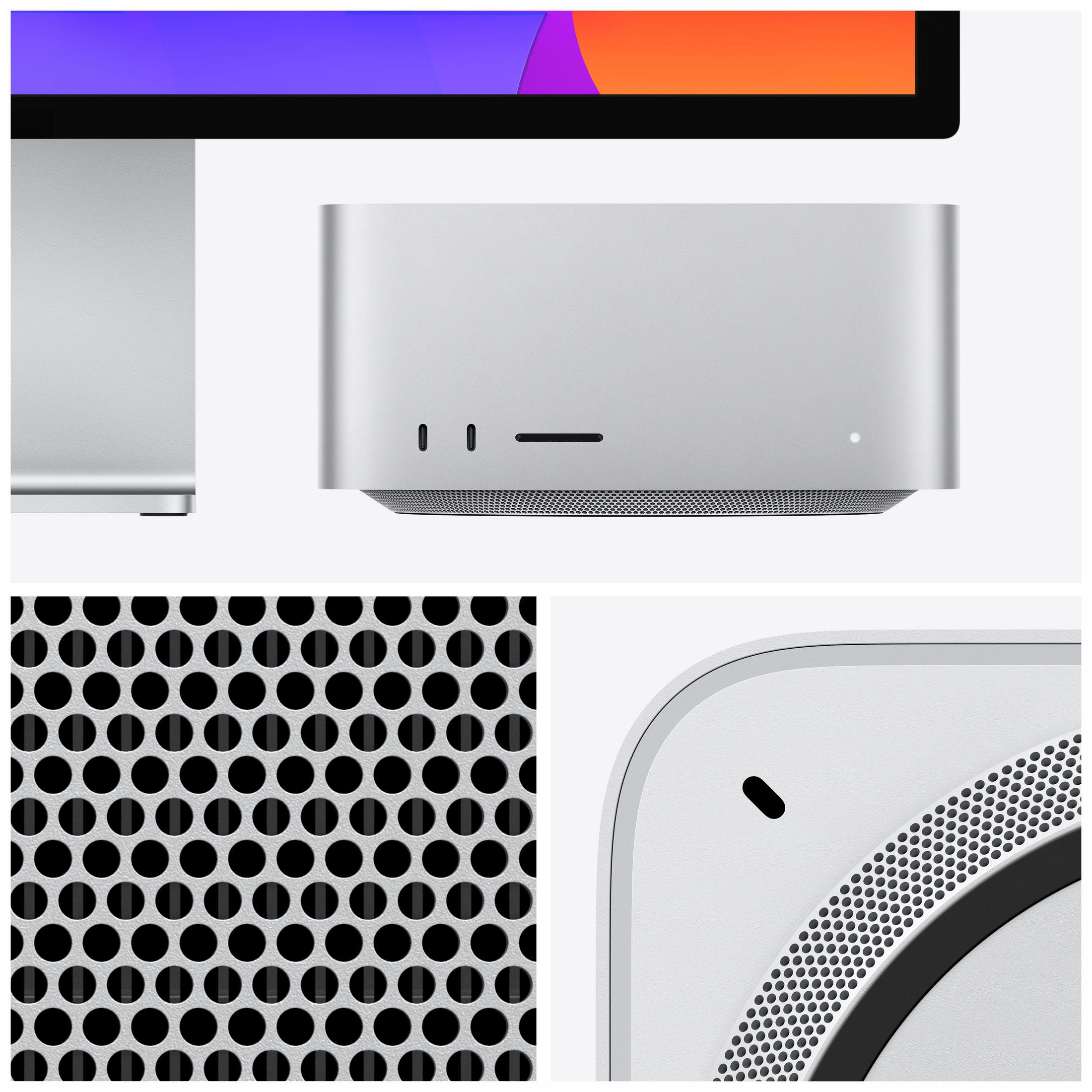 Ein silberner Mac Studio-Computer mit Bildschirm und anderen Details. Es gibt ein perforiertes Design.