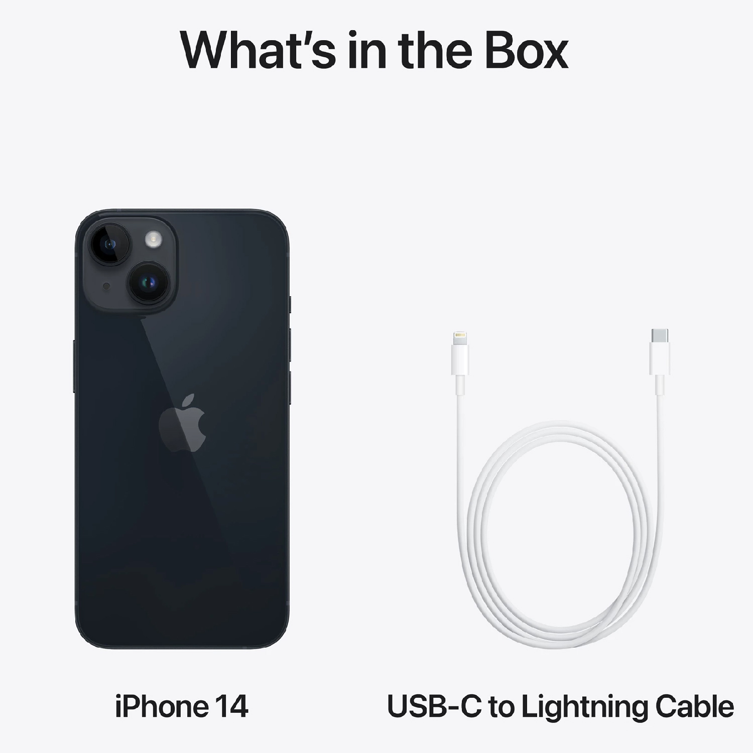 iPhone 14 i kabel USB-C do Lightning są wyświetlane na białym tle z tekstem.