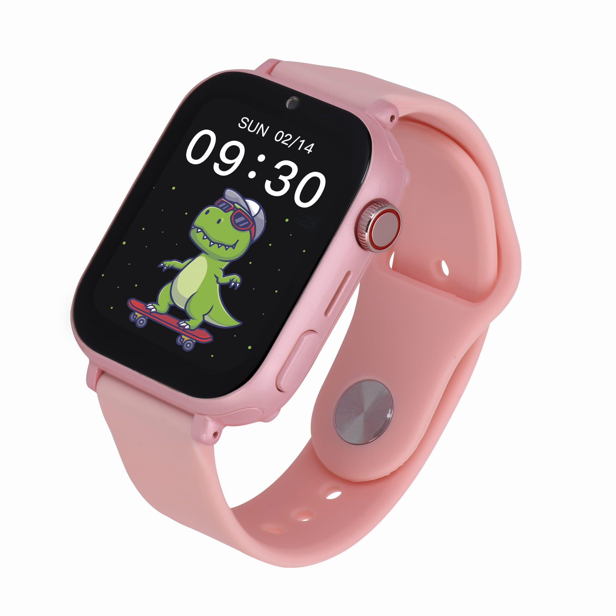 Różowy smartwatch, wyświetlający datę i godzinę z kreskówkowym dinozaurem, z różowym paskiem.