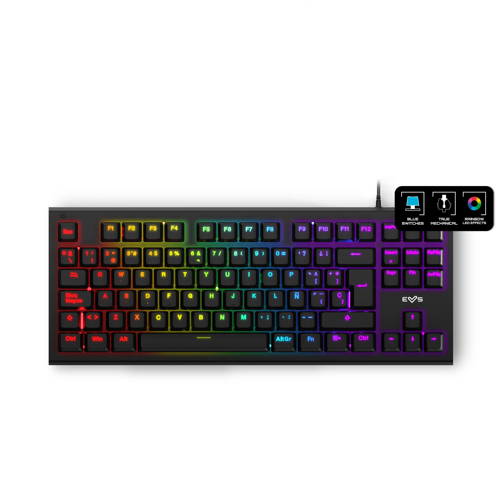 Schwarze Tastatur mit farbigen, hinterleuchteten Tasten. Marke EV5 sichtbar.