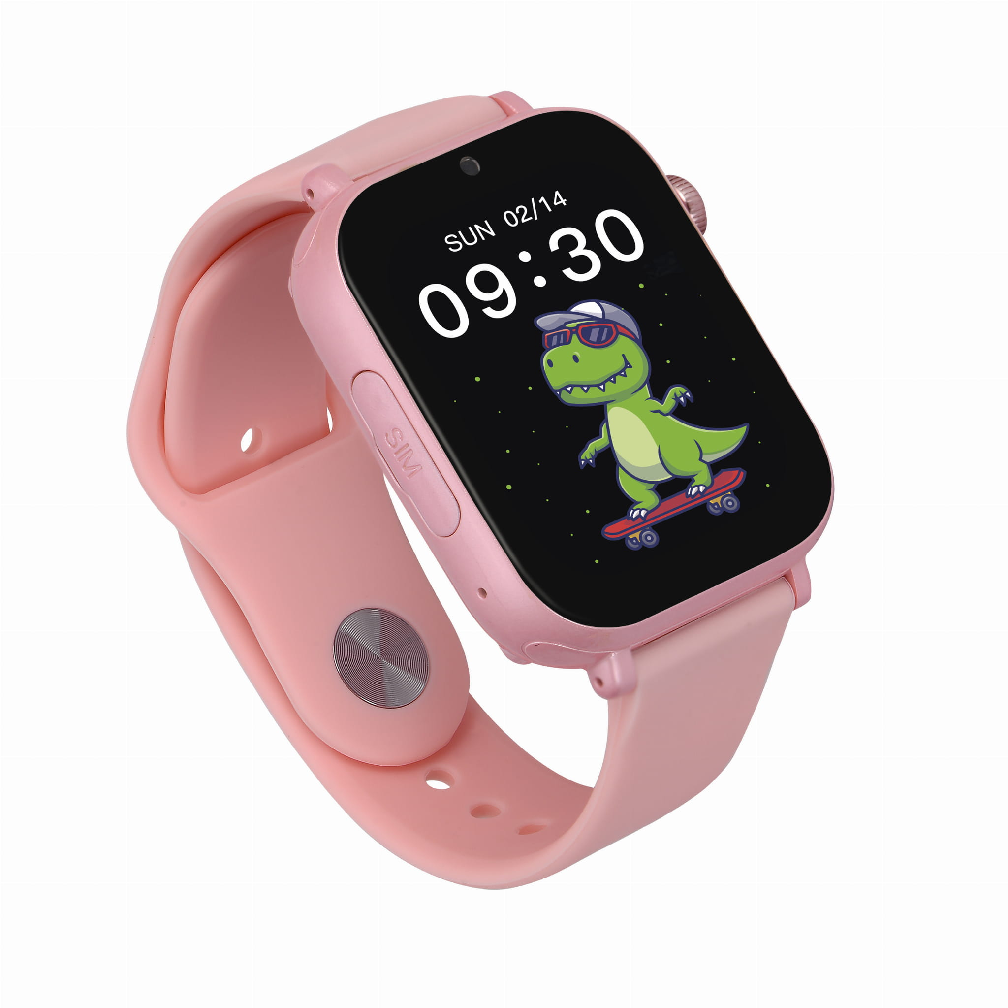 Różowy smartwatch z kreskówkowym dinozaurem na ekranie. Godzina 09:30.