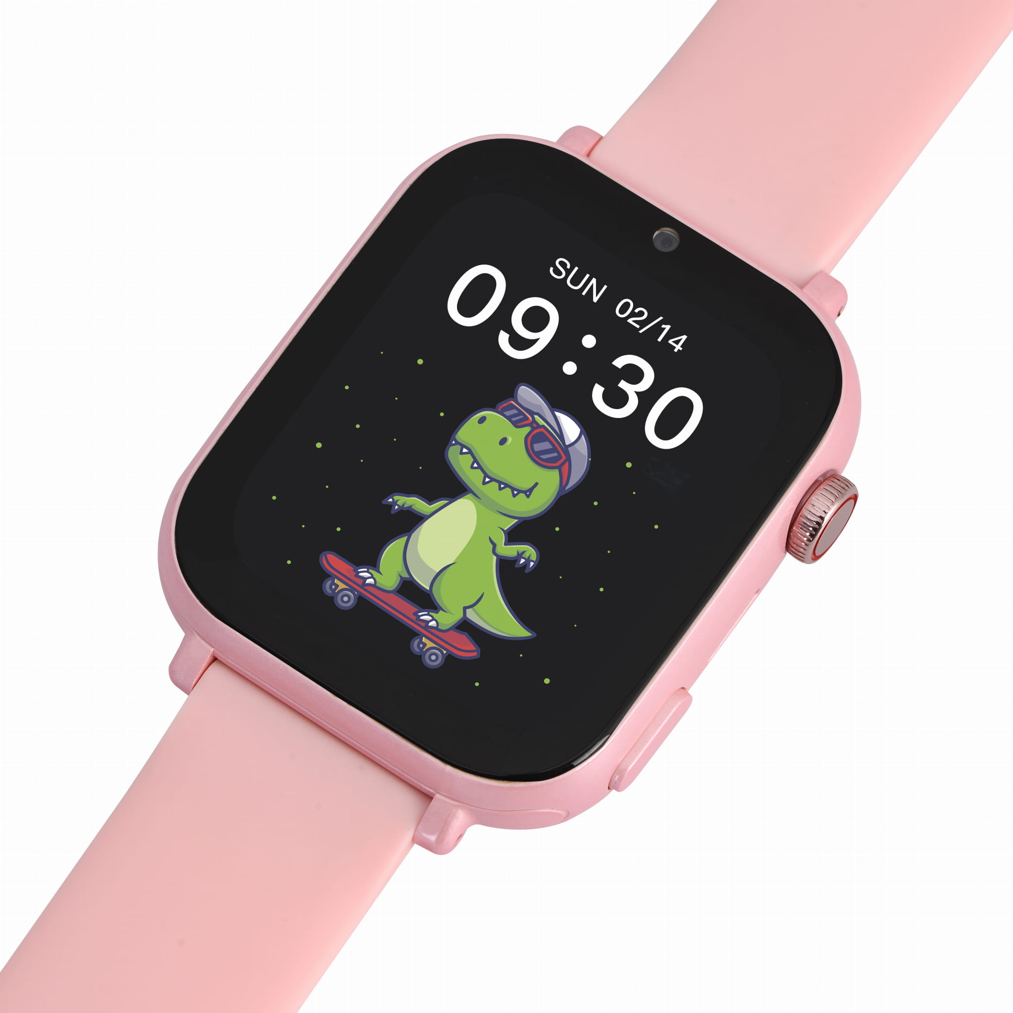 Różowy smartwatch z grafiką dinozaura na wyświetlaczu, pokazujący datę i godzinę.