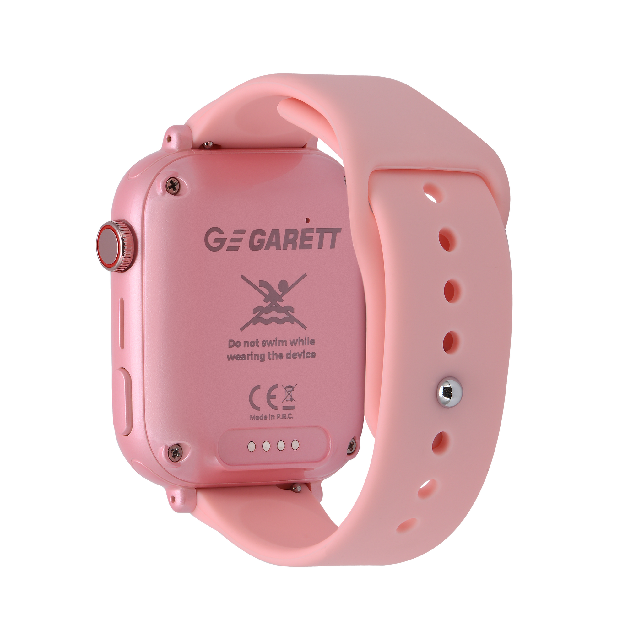 Różowy smartwatch z różowym paskiem, wyświetlający tekst: Nie pływać podczas noszenia urządzenia.