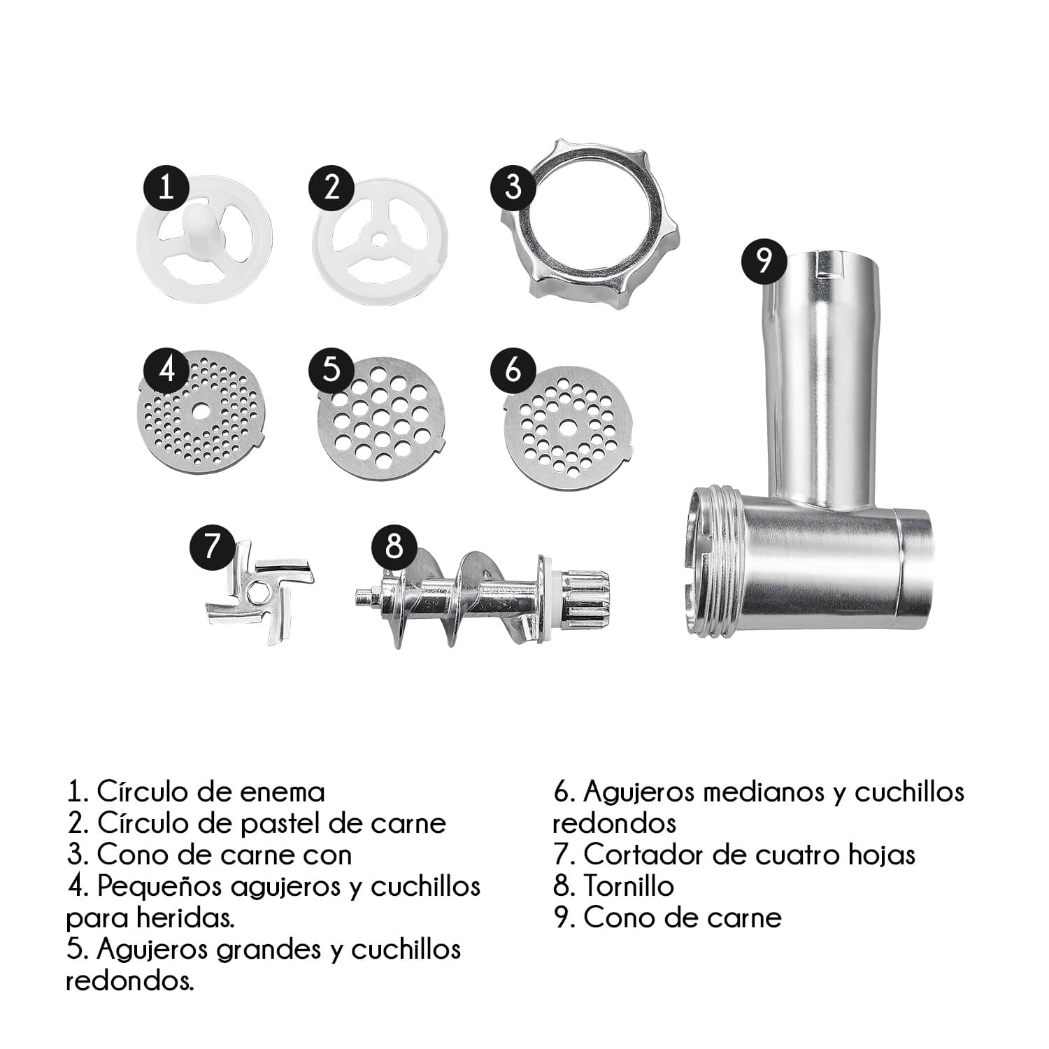 Piezas de picadora de carne con etiquetas. Los componentes incluyen placas de molienda, un tornillo sin fin y un cortador de cuatro hojas.