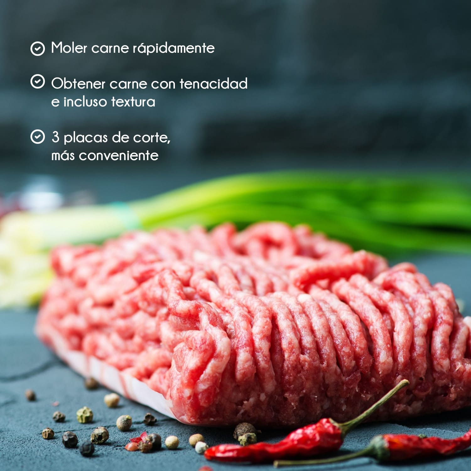 Carne picada en recipiente blanco, cebolletas y chiles rojos sobre superficie gris. Texto en español.