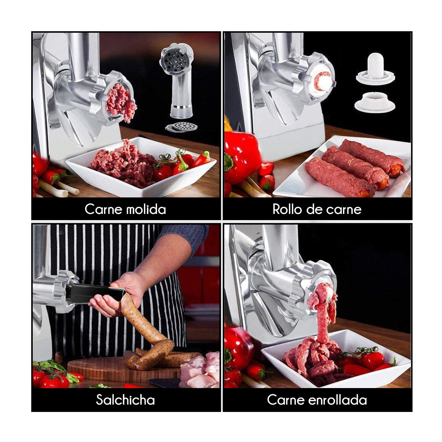 Picadora de carne con imágenes de carne picada, salchichas y carne enrollada, con ingredientes.