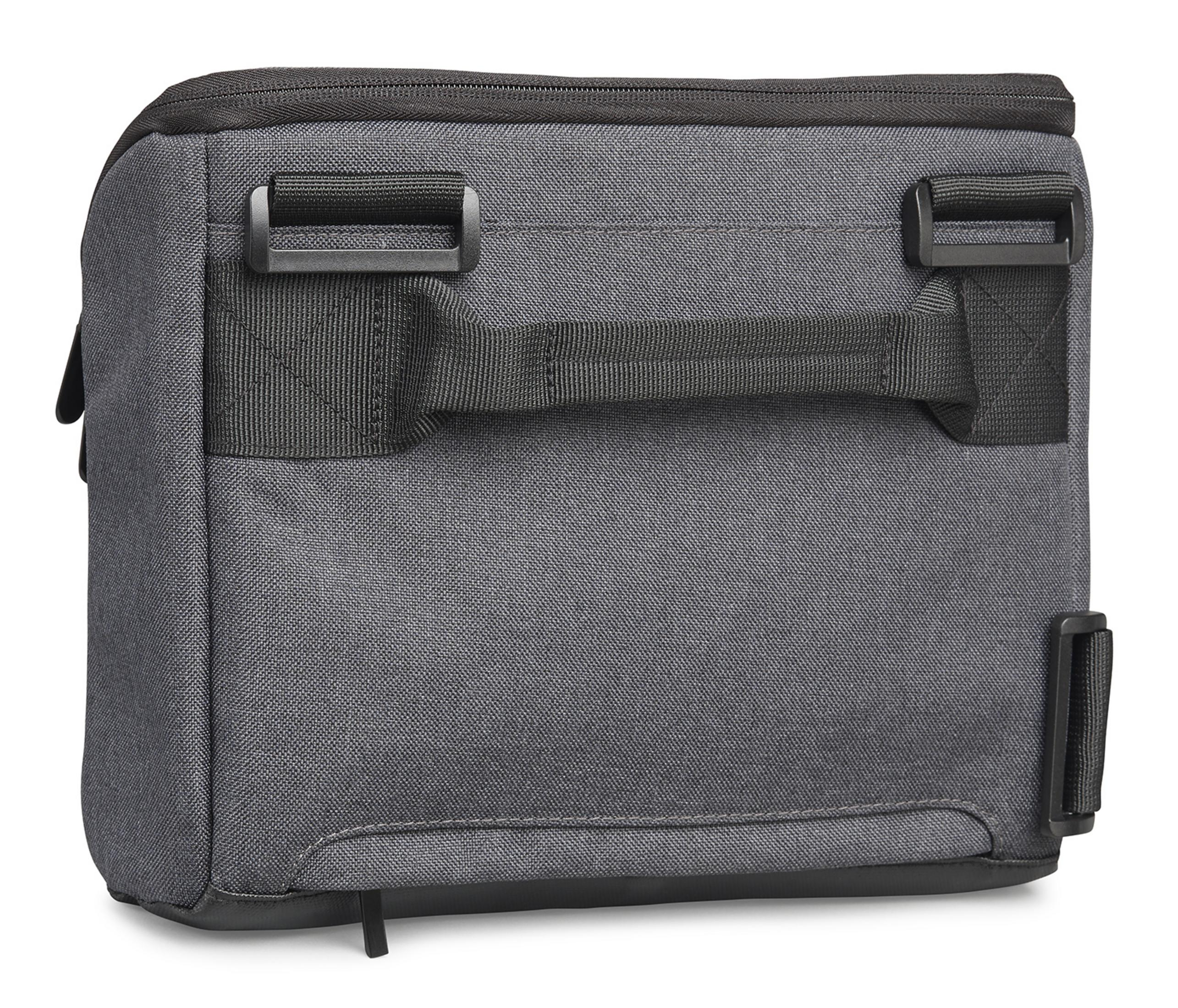 Graue Stofftasche mit schwarzen Griffen und Riemen. Reißverschlüsse sichtbar.
