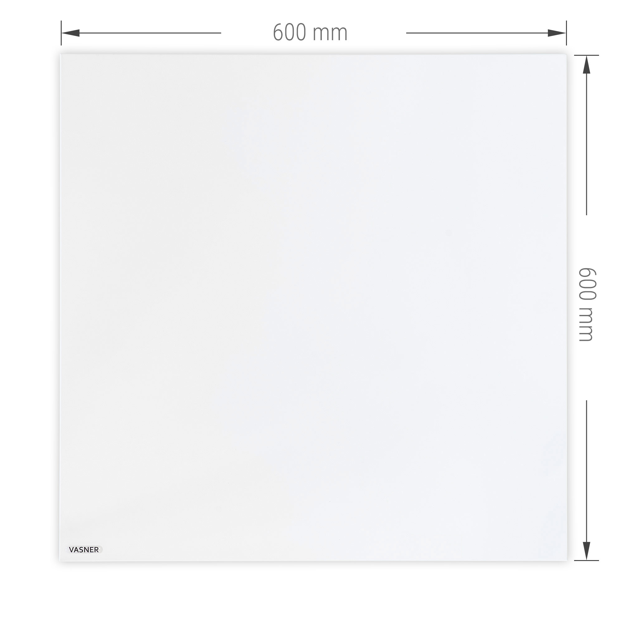 Weiße quadratische Tafel mit schwarzen Pfeilen und Text: 600 mm. Weißer Hintergrund.