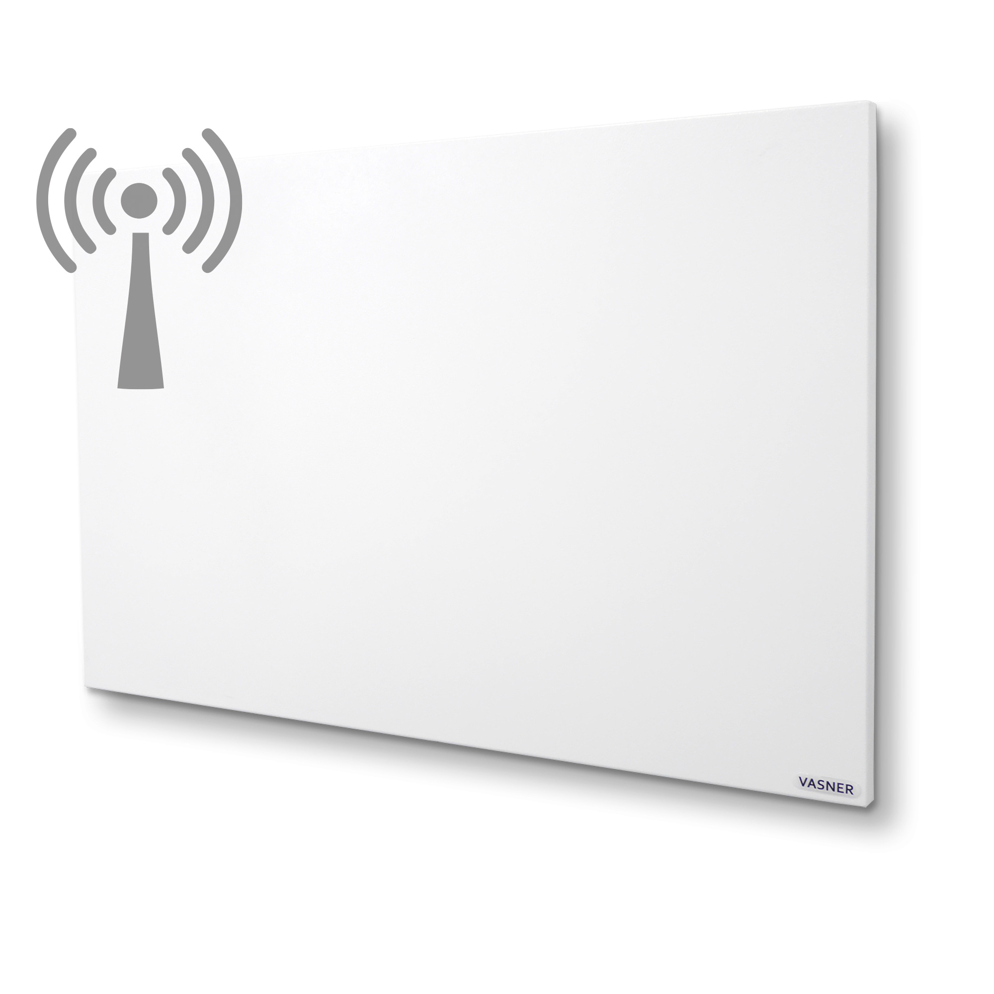 Ein weißer Wandheizkörper mit einem WLAN-Symbol. Der Heizkörper befindet sich an einer weißen Wand.