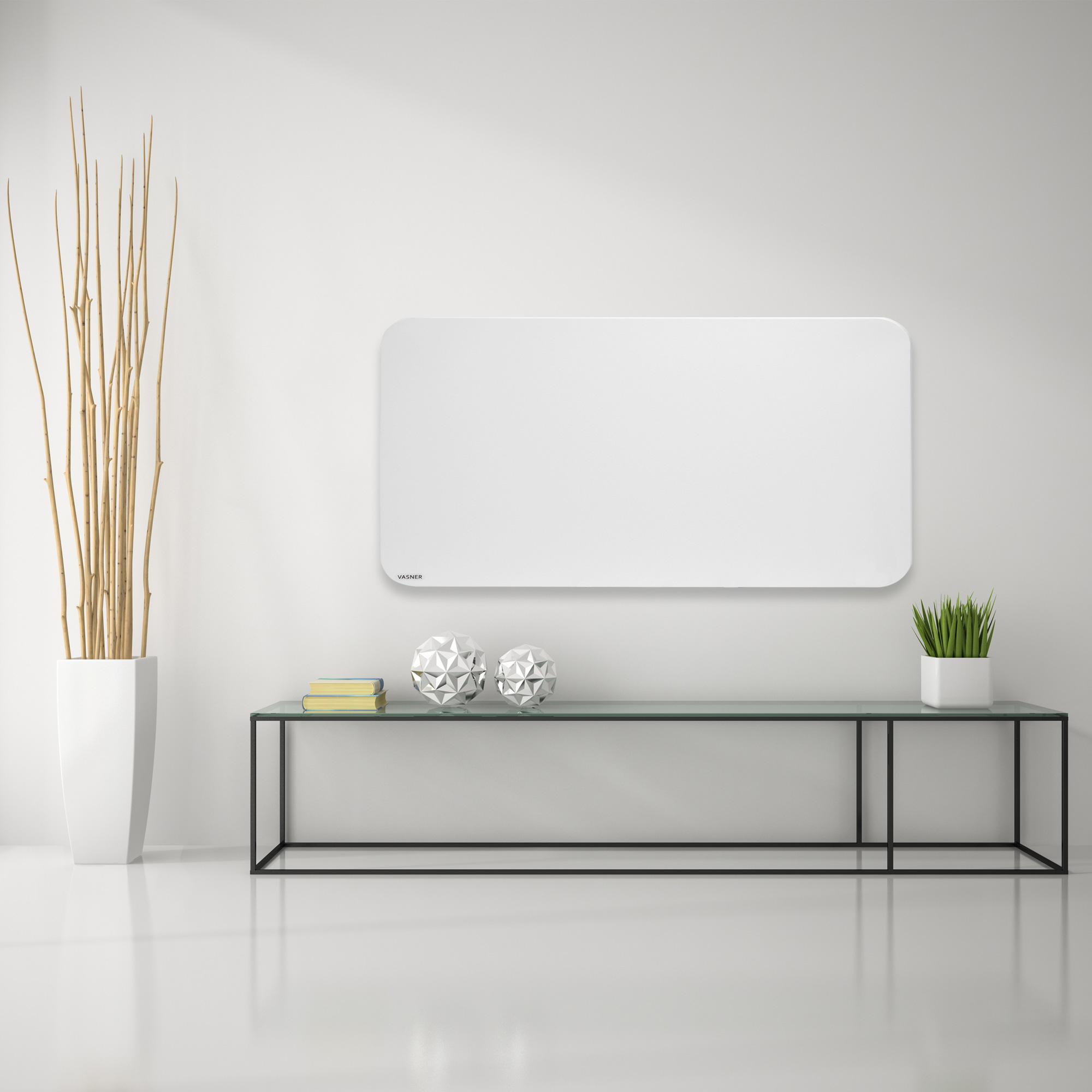 Ein modernes Wohnzimmerinterieur mit weißer Wand, Glastisch und weißem Heizkörper an der Wand.