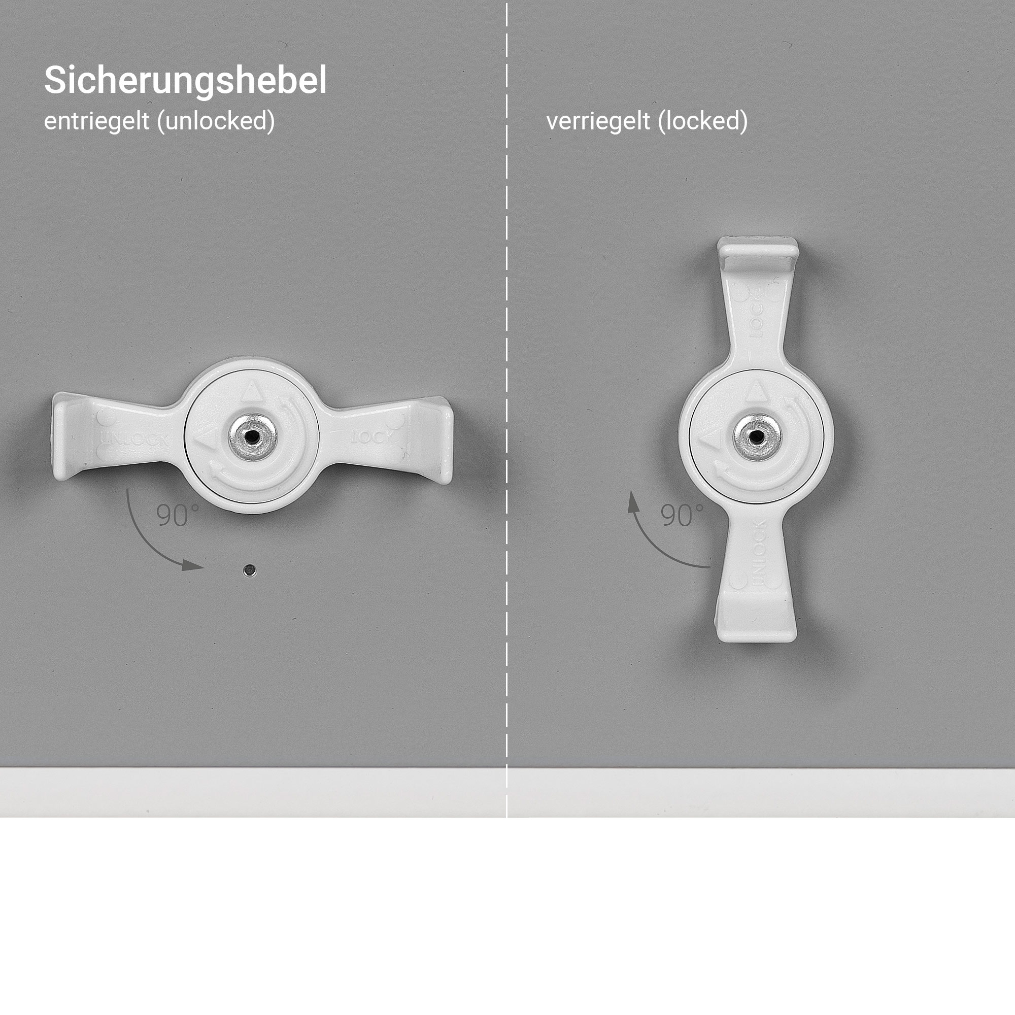 Weißer Hebelmechanismus, verriegelte und entriegelte Positionen, auf grauem Hintergrund.