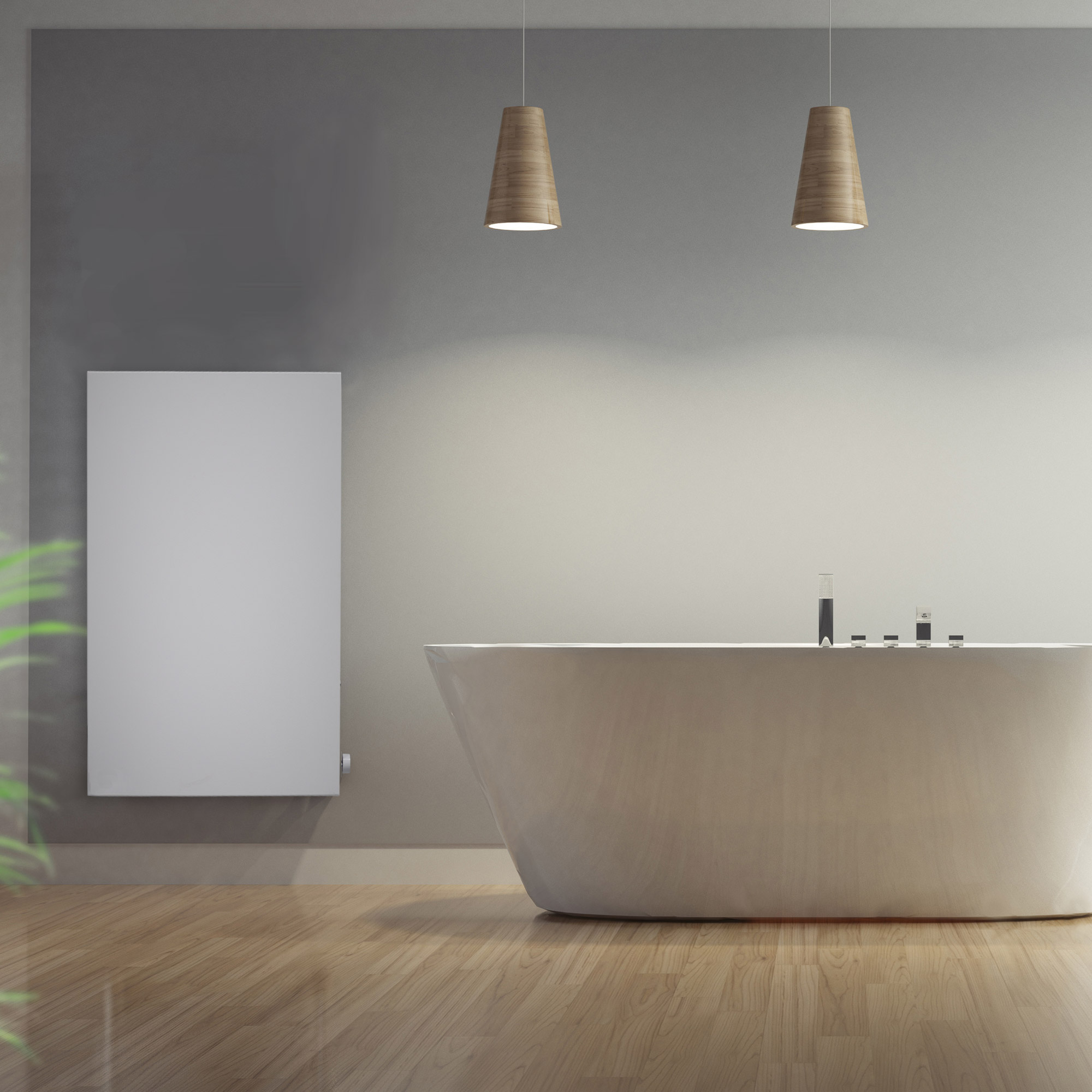 Badezimmer mit Badewanne, Wandheizung und zwei Hängelampen.