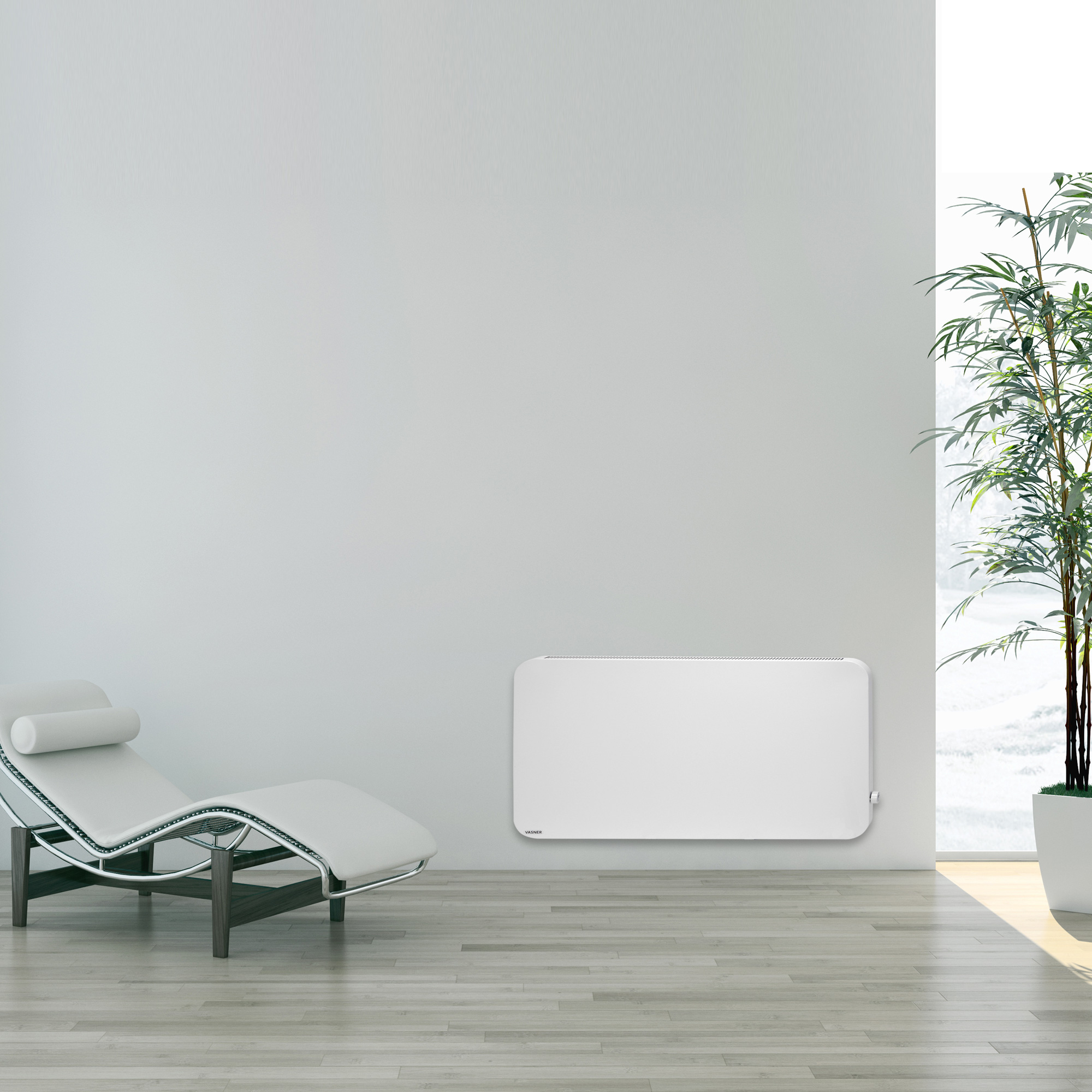 Ein weißer Heizkörper im modernen Stil an einer weißen Wand, mit Liegestuhl.