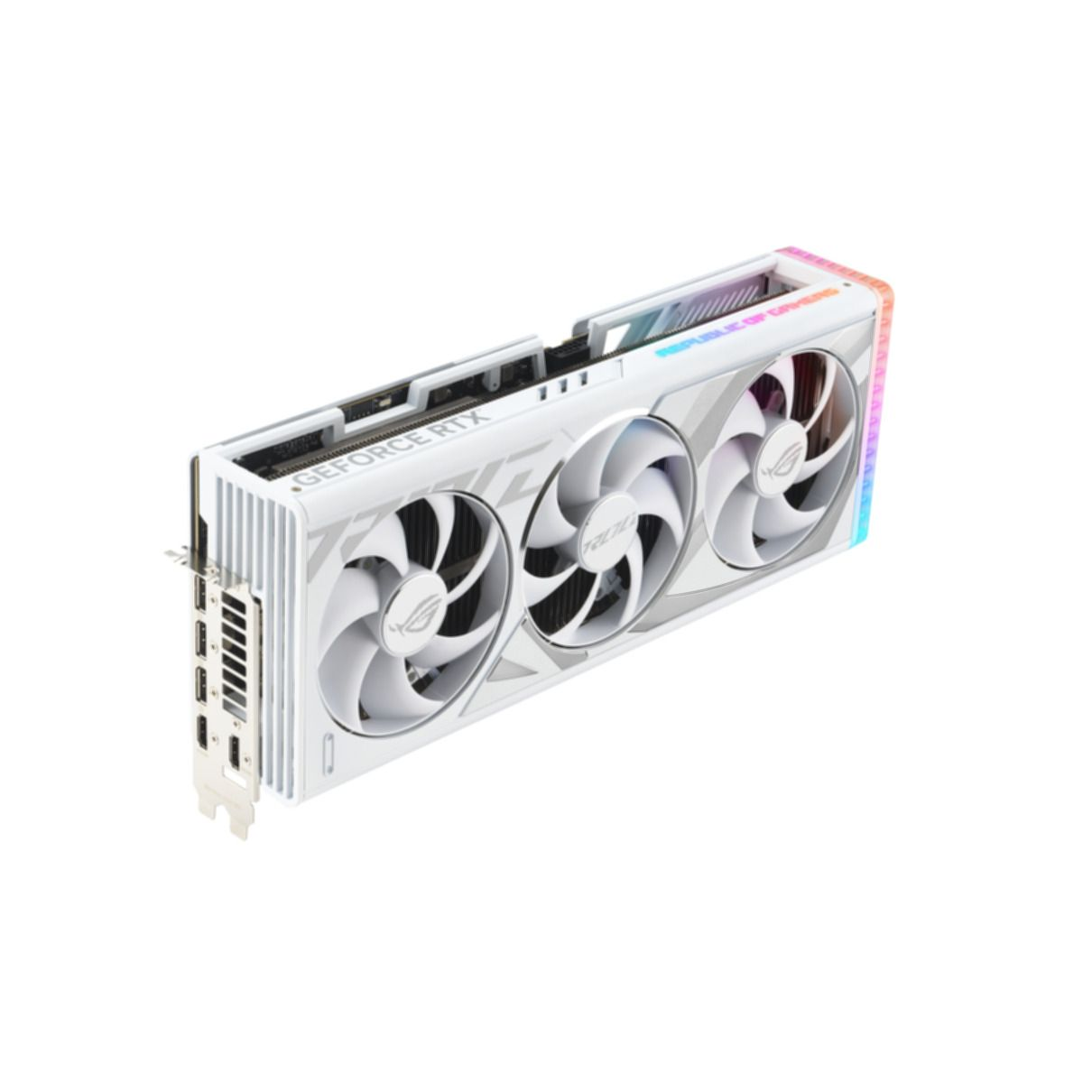 Scheda grafica bianca con tre ventole, design bianco e argento, etichetta GeForce RTX.