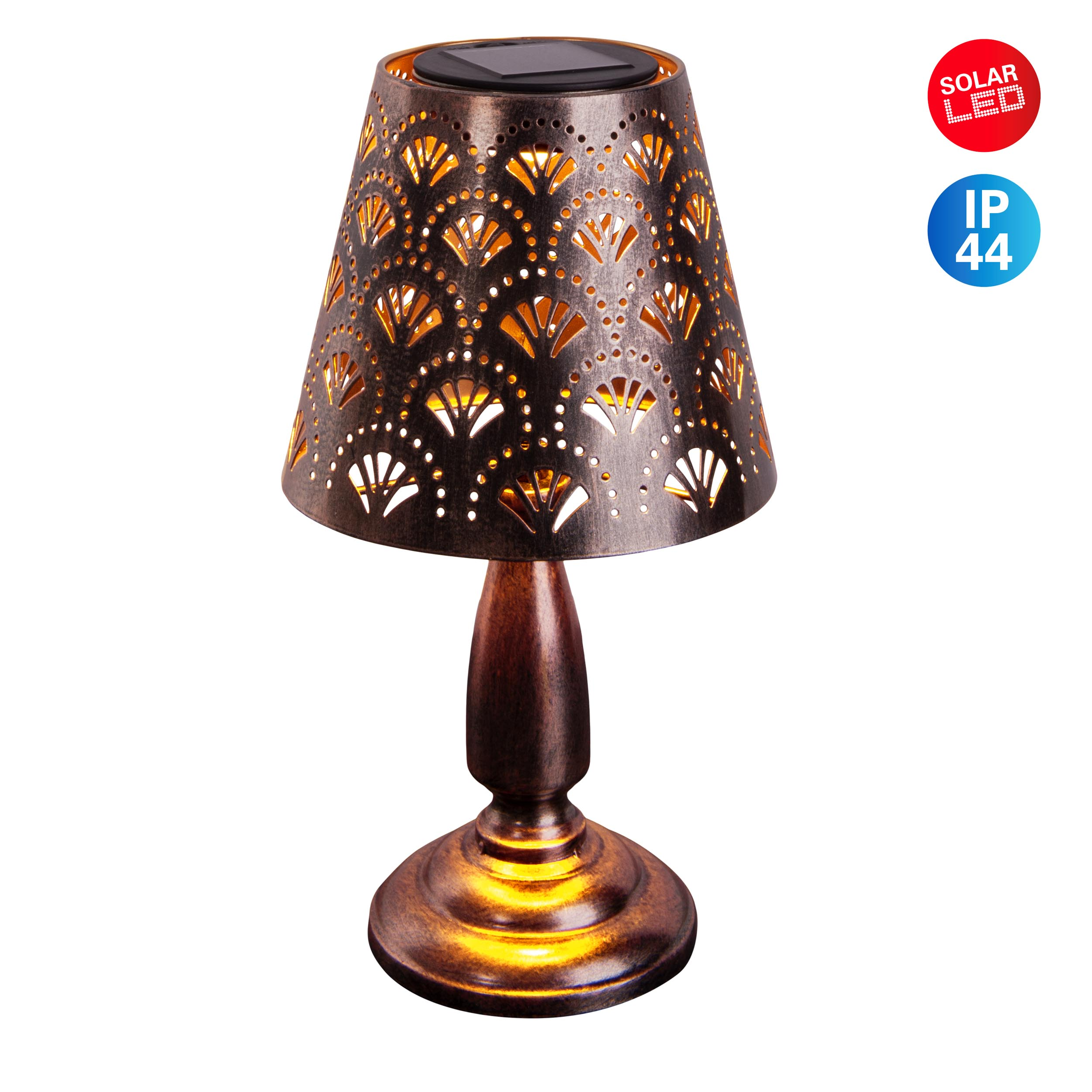 Eine Solar-LED-Lampe mit dekorativem Bronzeschirm auf weißem Hintergrund.