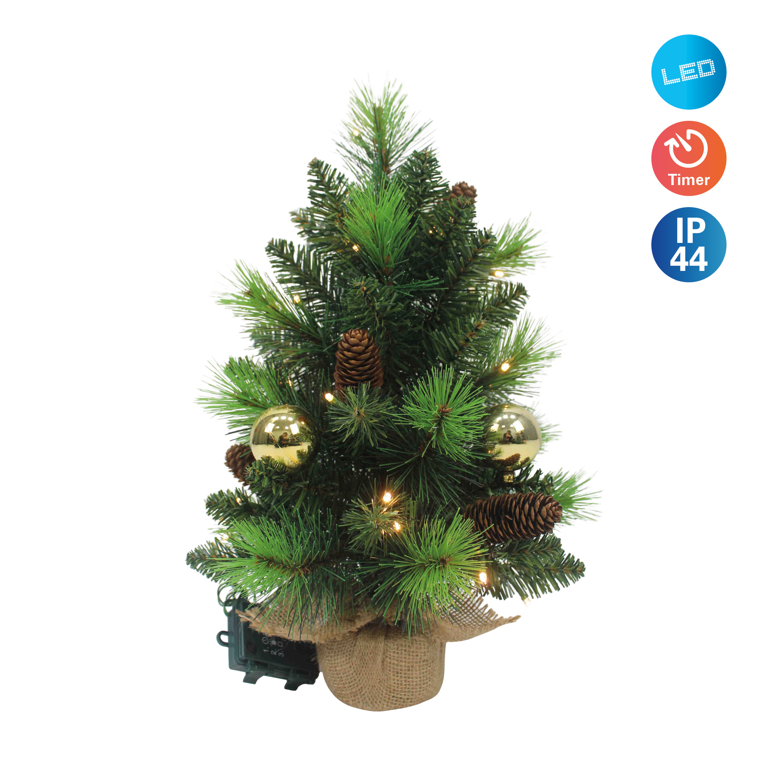 Kleiner Weihnachtsbaum mit Lichtern, Ornamenten, Tannenzapfen. Icons LED, Timer, IP44.
