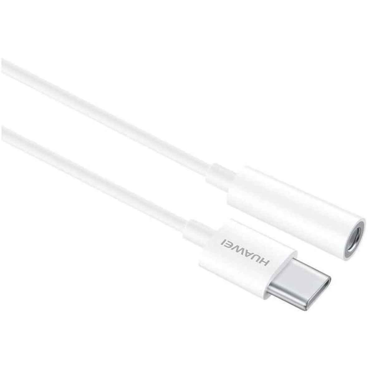 Weißes Huawei USB-C-zu-3,5-mm-Audioadapterkabel auf weißem Hintergrund.