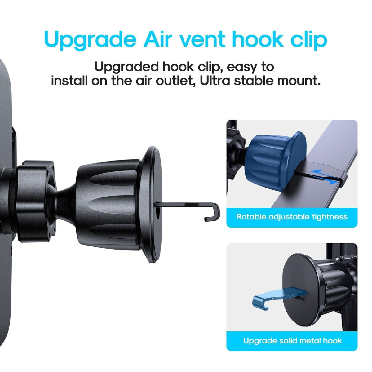 Schwarze Autohalterung mit blauem Hakenclip. Der Hintergrund ist weiß.