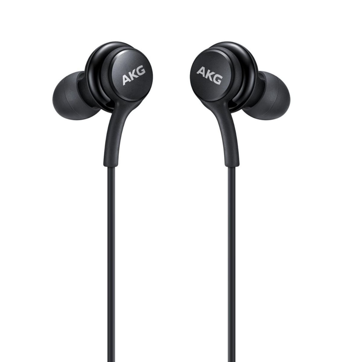 Auricolari AKG neri con fili neri. Lo sfondo è bianco.