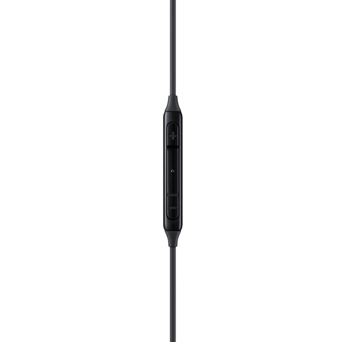 Controllo delle cuffie in-ear nere. Il controllo ha pulsanti volume e funzione. Filo nero su entrambe le estremità.