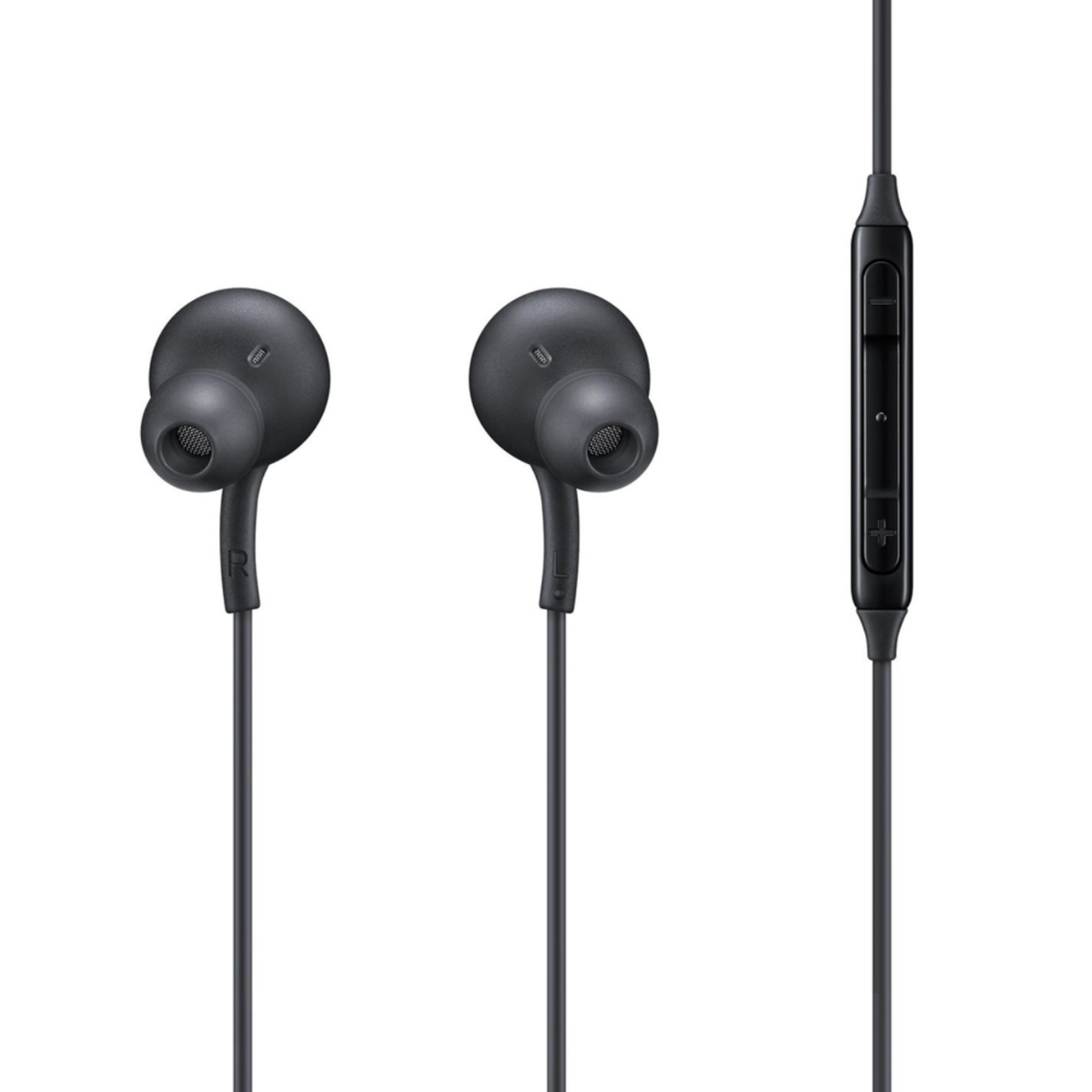 Cuffie in-ear nere con controllo del volume. Due auricolari e un controllo del volume sul lato destro.